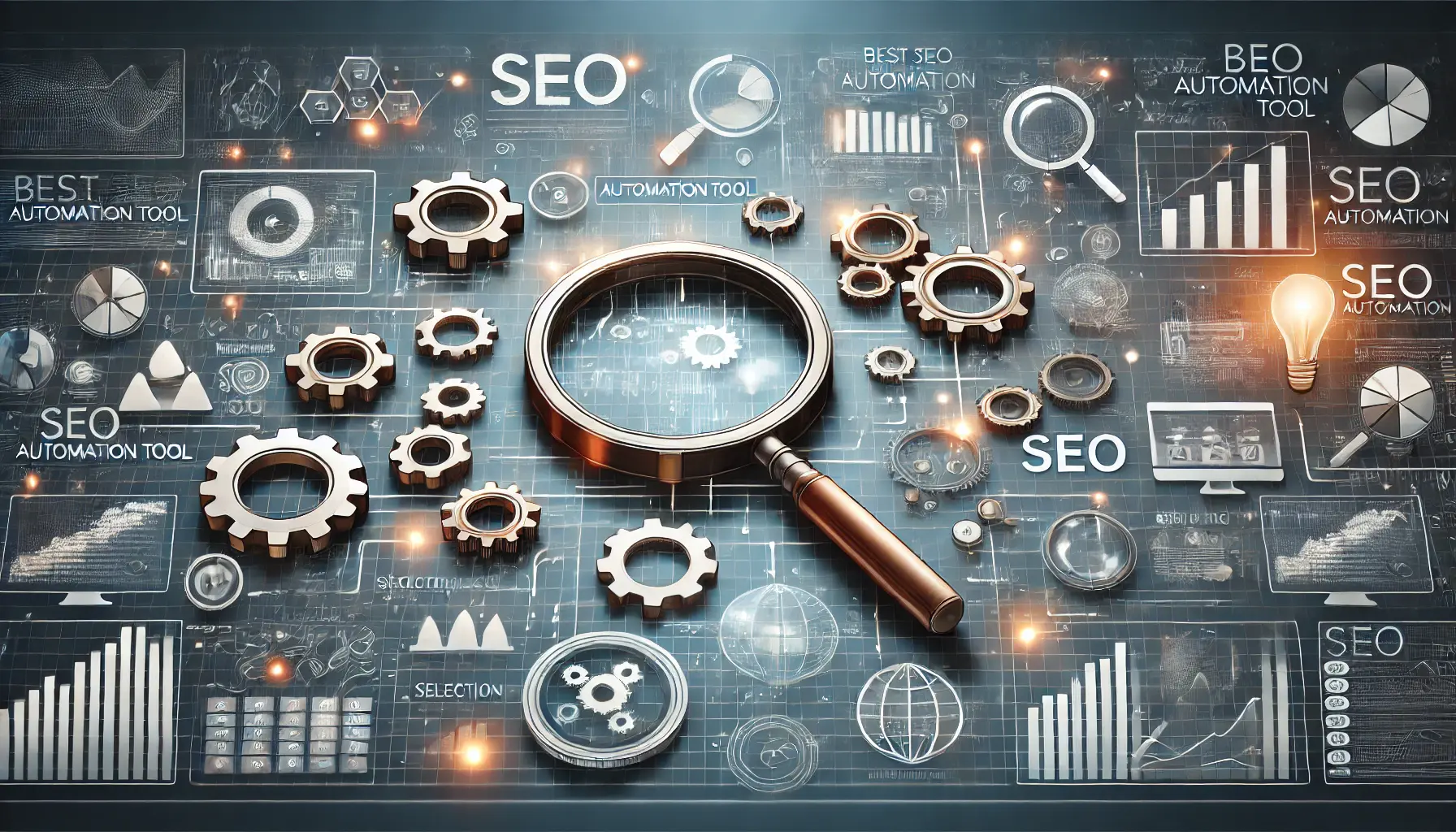 An image showing various icons like gears, magnifying glasses, and charts representing different SEO automation tools, with a central gear symbolizing the selection process.