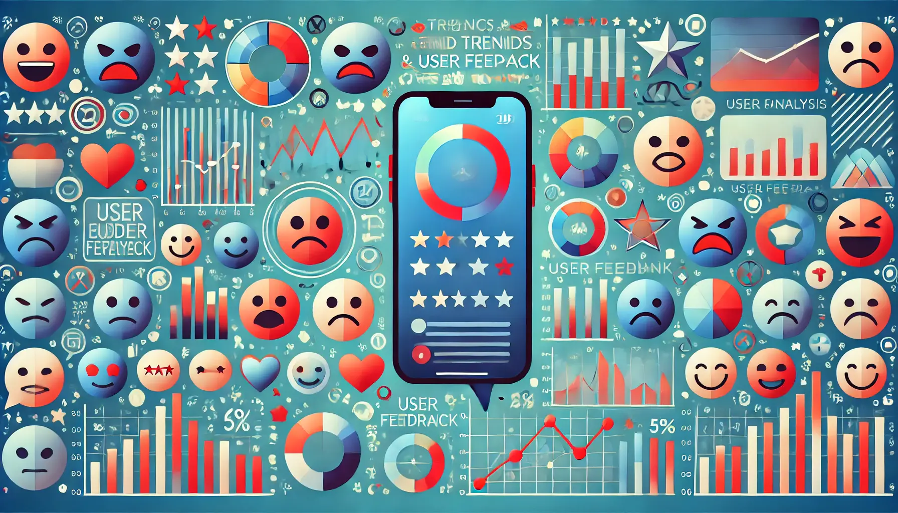 A mobile app displaying both positive and negative reviews, with visual cues like smiling and frowning face icons and sentiment analysis charts.