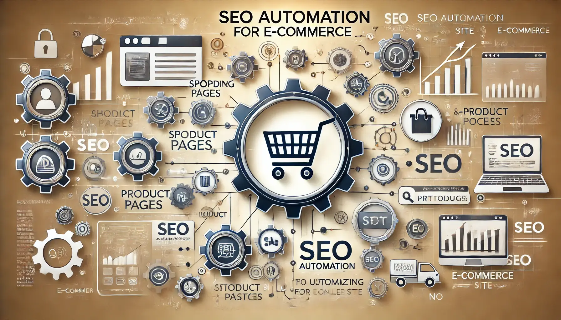 An image showing shopping carts, product pages, gears, and dashboards, symbolizing the automation of SEO tasks for e-commerce platforms.