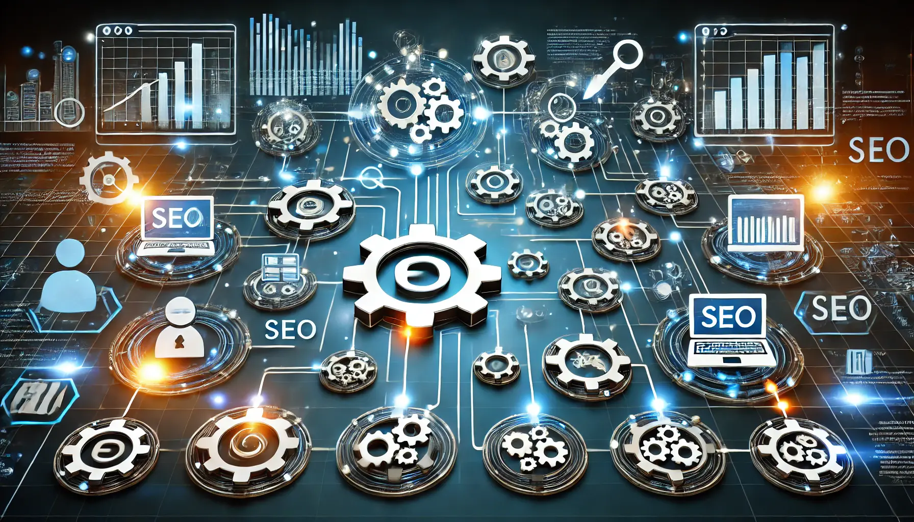 An image depicting various SEO automation tools like gears, dashboards, and charts connected through flow lines to symbolize integration.