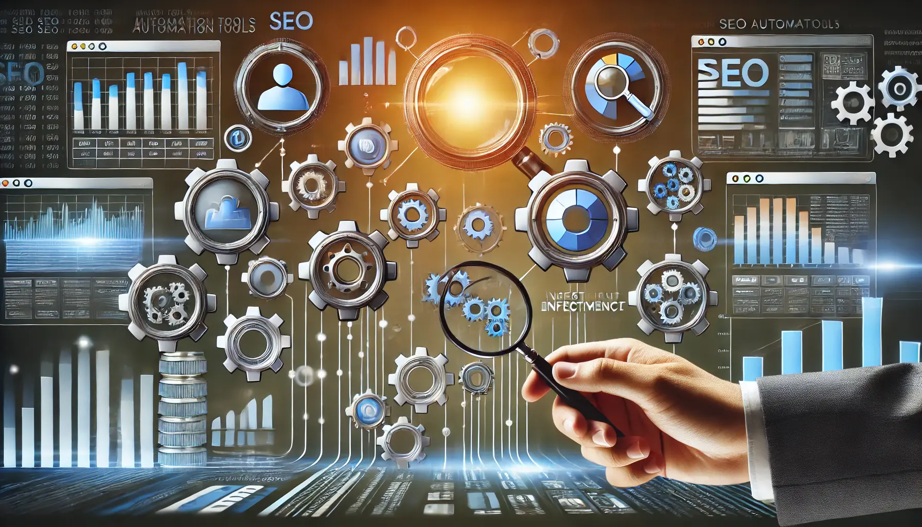 An image illustrating SEO automation tools with icons of gears, magnifying glasses, charts, and digital dashboards connected in a smooth workflow.