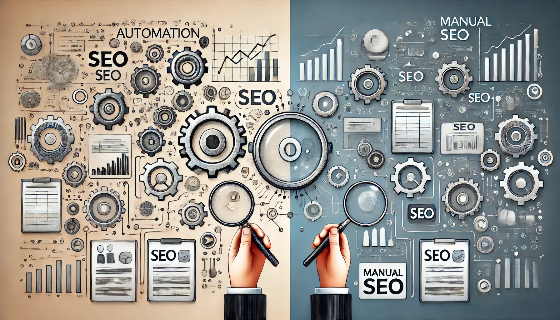 A comparative visual showing the difference between SEO automation with gears and flow charts versus manual SEO with a hand, magnifying glass, and papers.