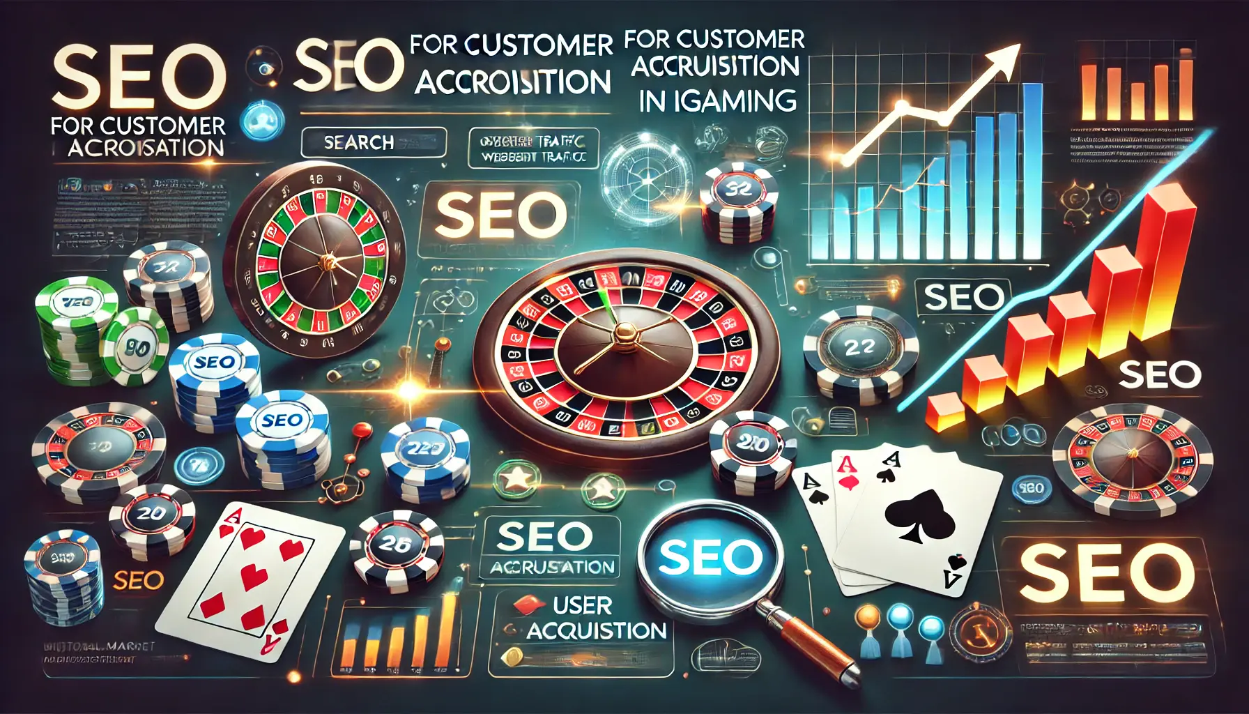 A scene combining casino elements like poker chips, roulette, and cards with graphs representing user acquisition growth and SEO performance.