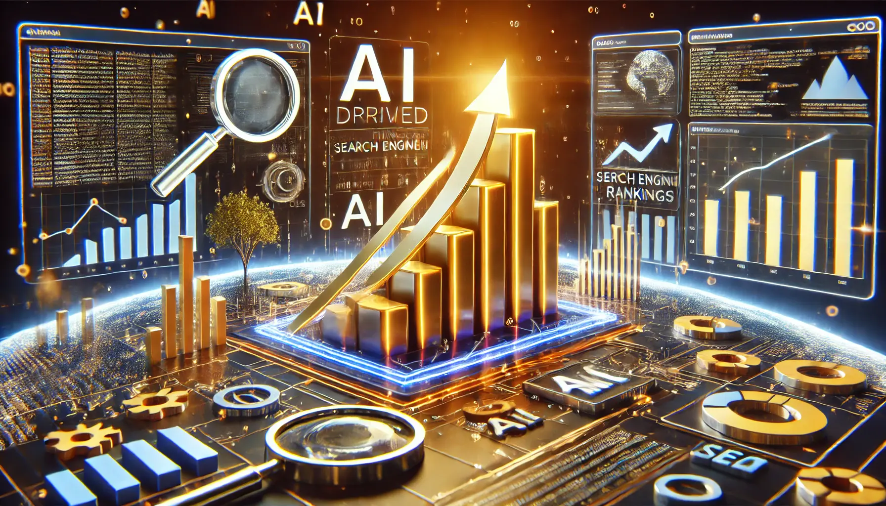 A futuristic scene showing AI-driven SEO strategies with a website climbing search engine rankings, represented by upward arrows and charts.