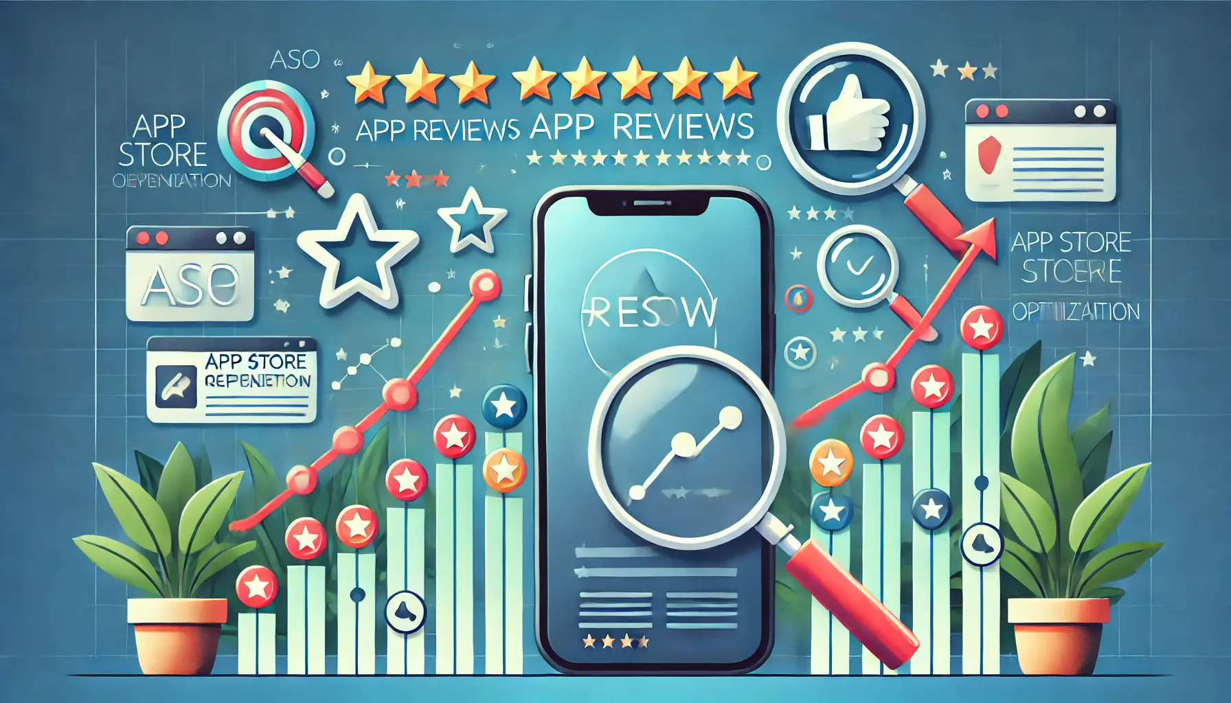 A mobile app with prominent review icons like stars and thumbs up, alongside graphs showing improvements in app ranking and visibility, with upward arrows and magnifying glasses.