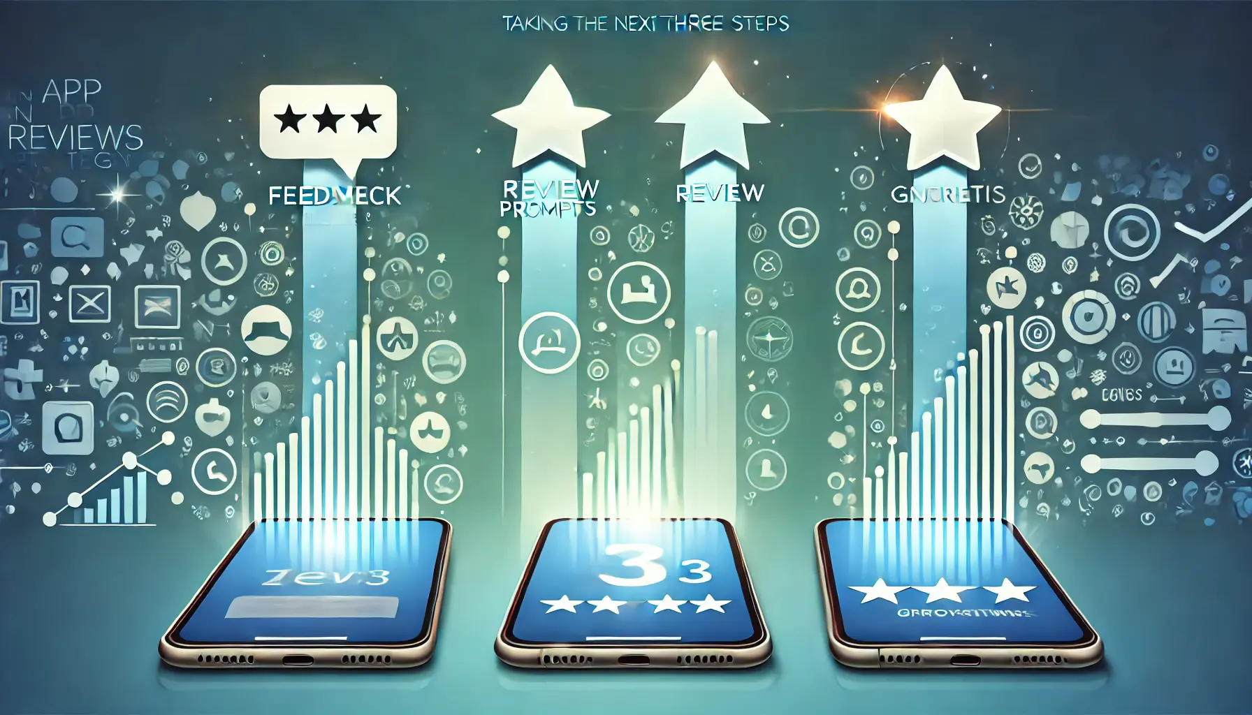 A mobile app showing three distinct steps with icons like feedback bubbles, review prompts, and growth analytics, each leading to upward arrows and progress bars.