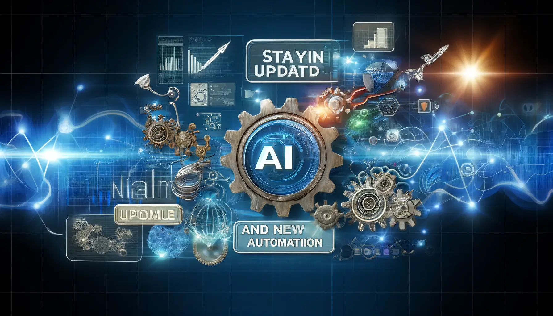 Futuristic digital illustration depicting evolving AI and machine learning tools being integrated into digital marketing systems, symbolizing constant updates and innovation.