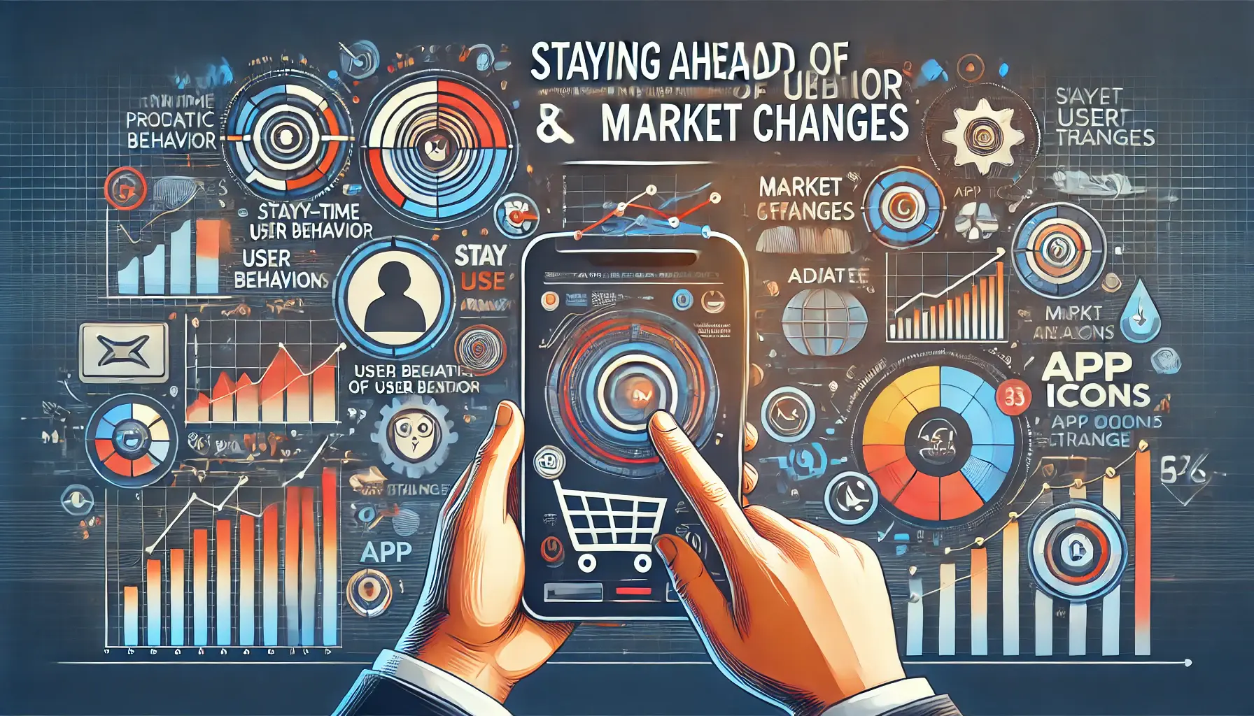 Illustration of staying proactive in monitoring user behavior and market trends with a digital dashboard, real-time data, and graphs