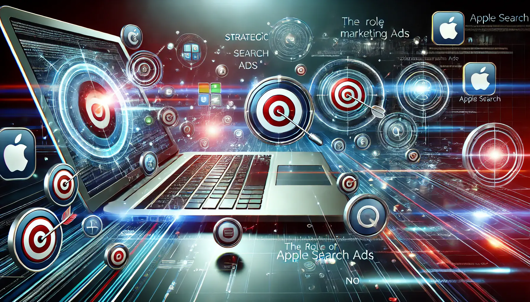 Digital scene illustrating strategic marketing with targeted app icons, bullseyes, and interconnected data flows symbolizing precision targeting and advertising strategies.