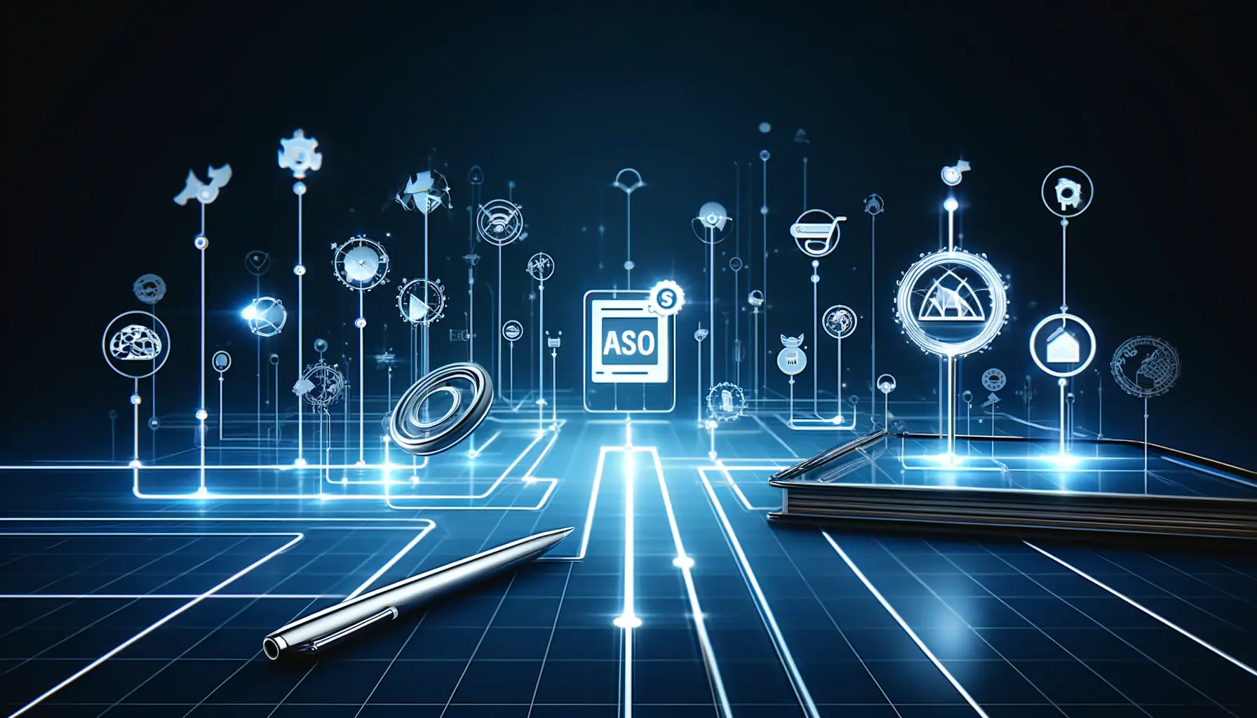 Abstract digital blueprint with interconnected nodes and arrows, symbolizing strategic planning and execution for ASO link building in 2024.