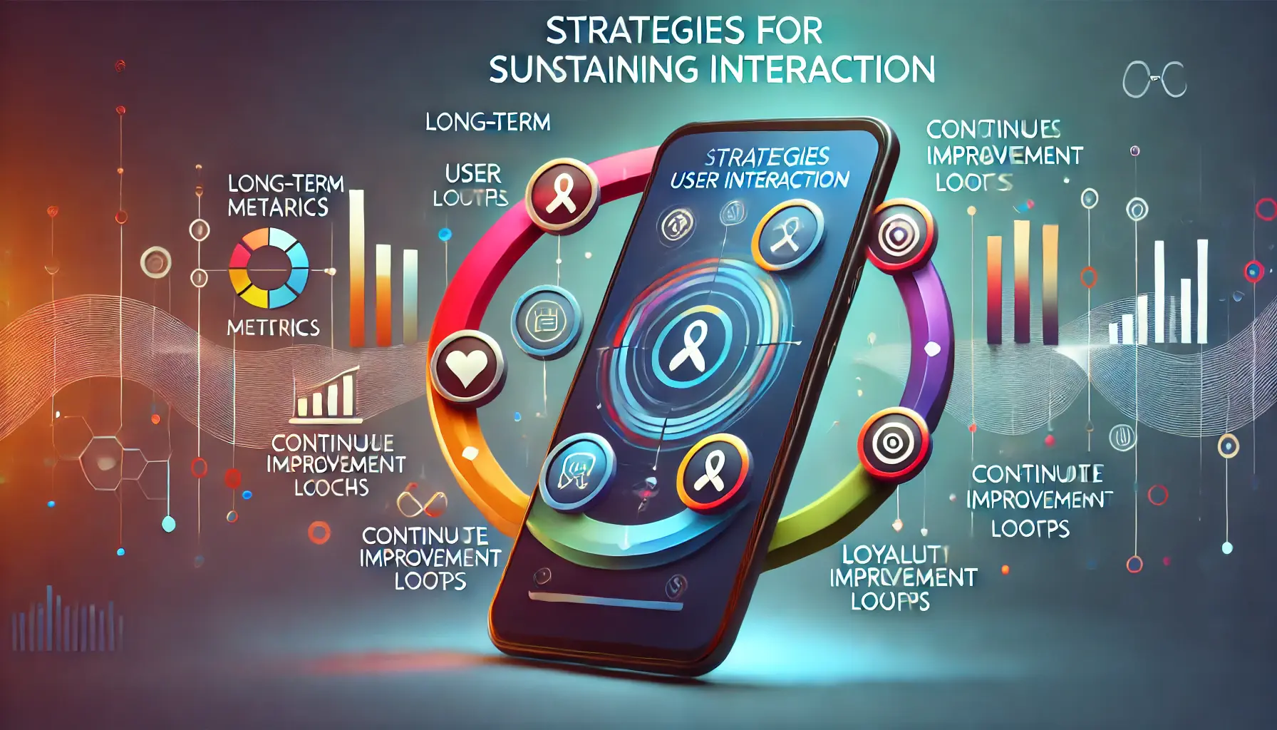 A smartphone displaying elements like long-term metrics and continuous improvement loops, set against an abstract background symbolizing longevity and consistency.