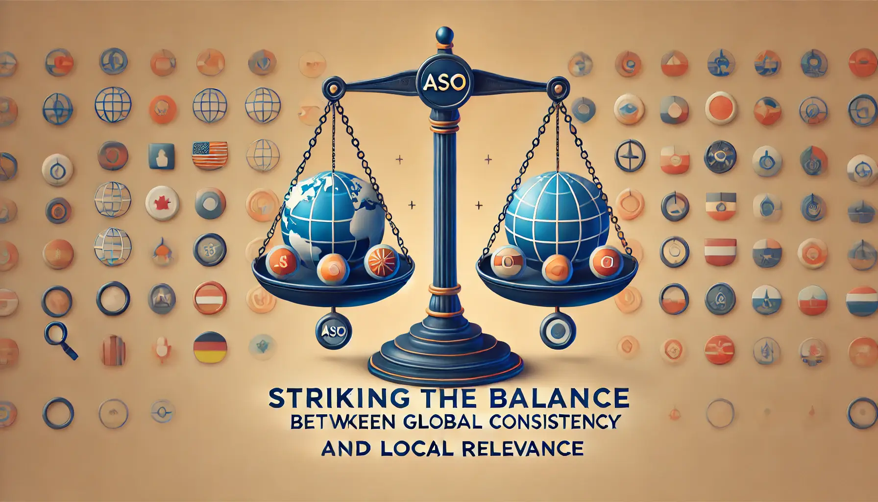 Scales balancing a globe on one side and regional icons or cultural symbols on the other, symbolizing the need for equilibrium in ASO keyword localization.