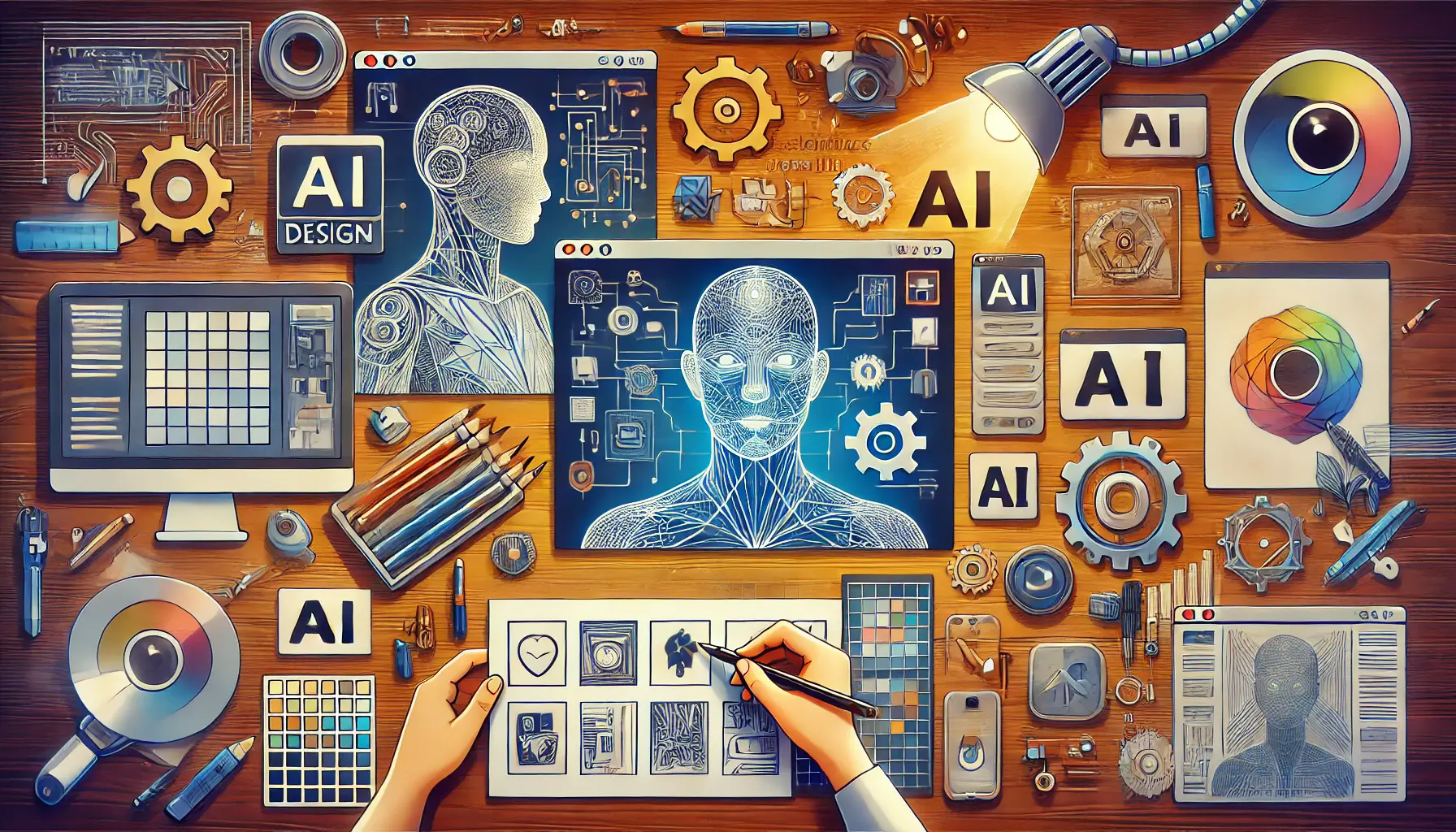 A scene depicting collaboration between a human designer and an AI system, with a design workspace showing both human sketches and AI-generated components.