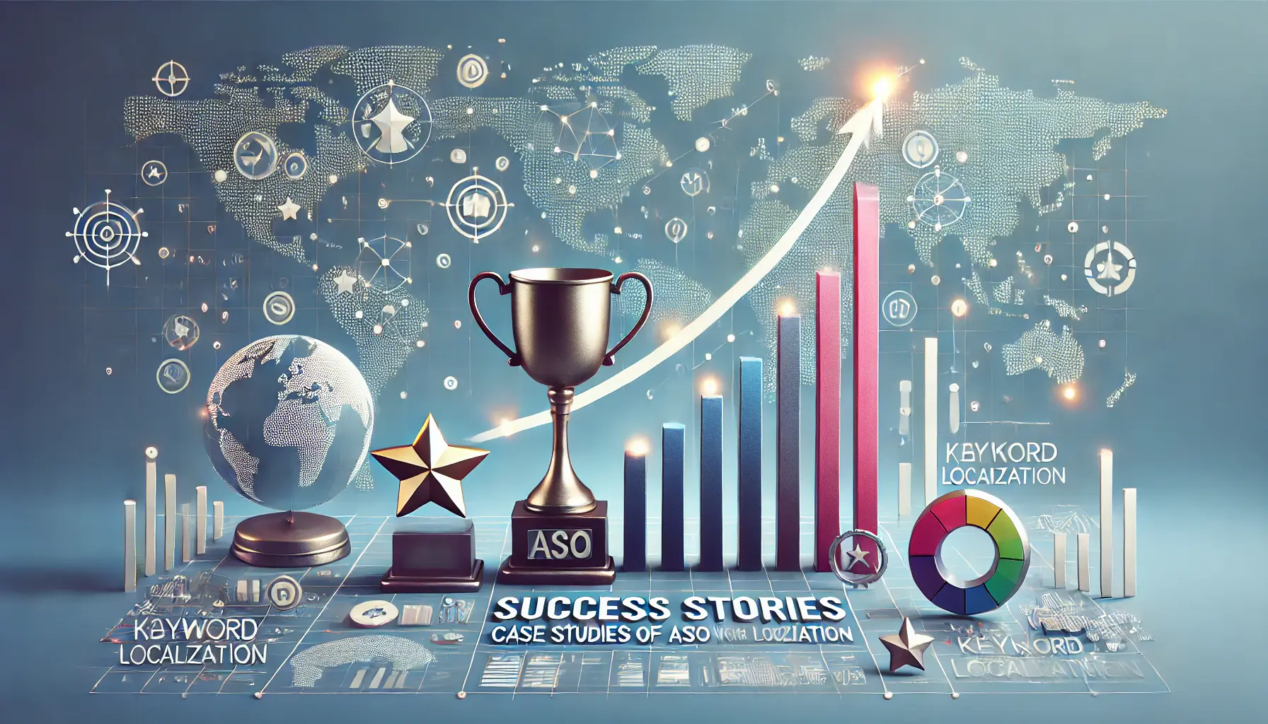 Upward-trending graphs, a trophy, and a star symbolizing success and positive results from ASO Keyword Localization.