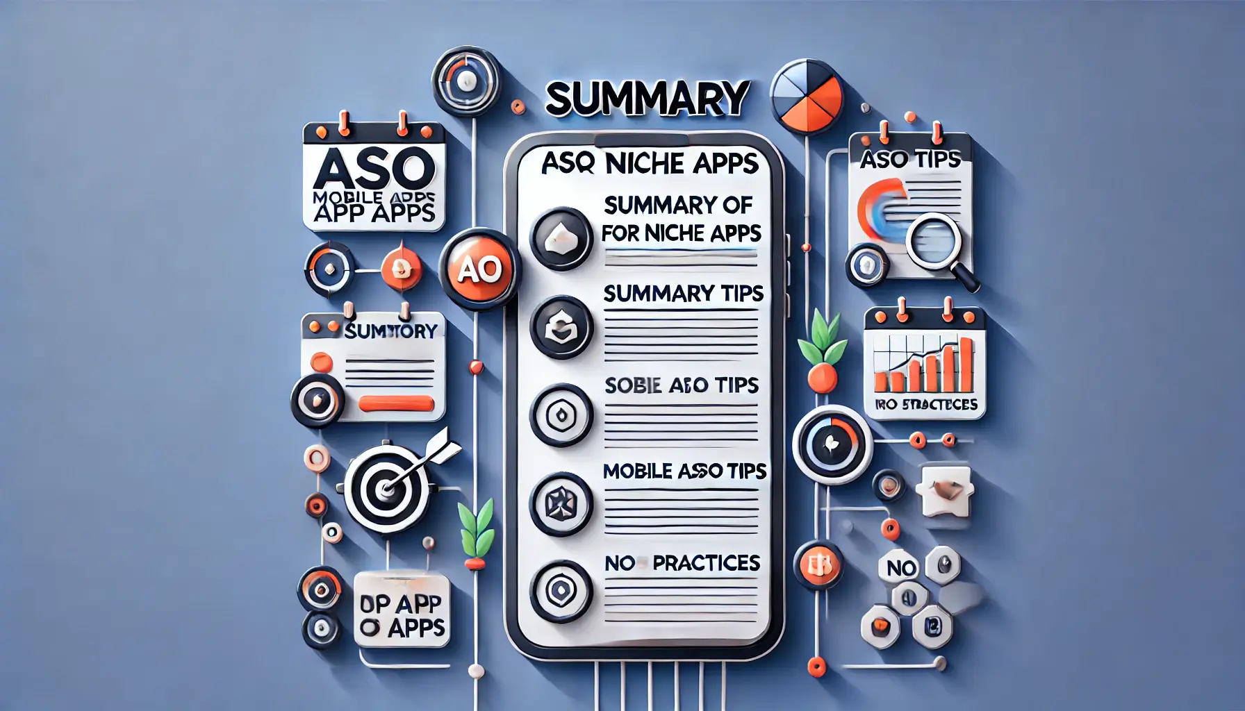 An image depicting a summary of ASO tips, featuring a checklist or summary page with app-related icons, symbolizing a collection of strategies.