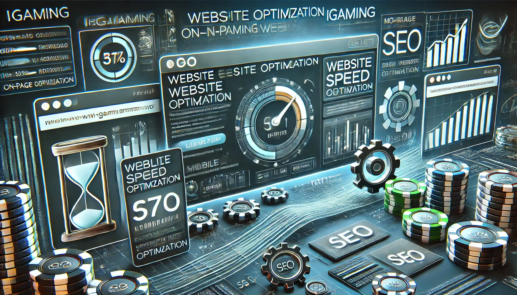 A modern scene showcasing website optimization for iGaming, with HTML code, speed progress bar, and mobile and desktop views.