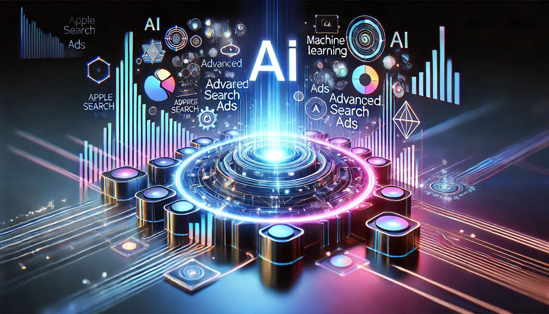 Futuristic scene illustrating technological advancements with AI, machine learning, and data analytics symbols connected through a sleek, glowing network.