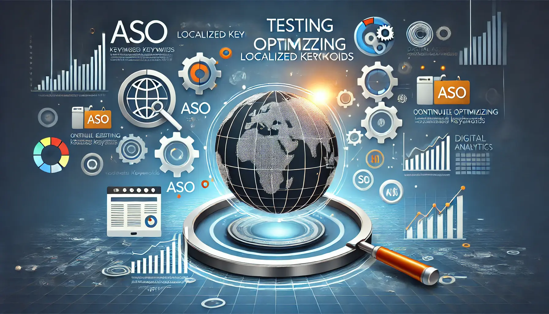 Magnifying glass, checkmarks, and digital analytics dashboards symbolizing the evaluation and optimization of localized keywords with a global aspect.