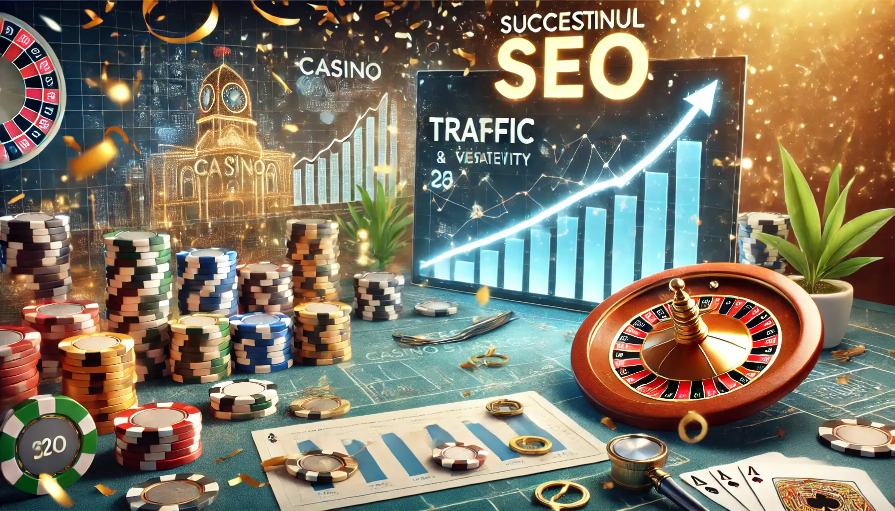 A scene showing rising traffic charts and casino elements like chips, cards, and roulette, with celebratory visuals.