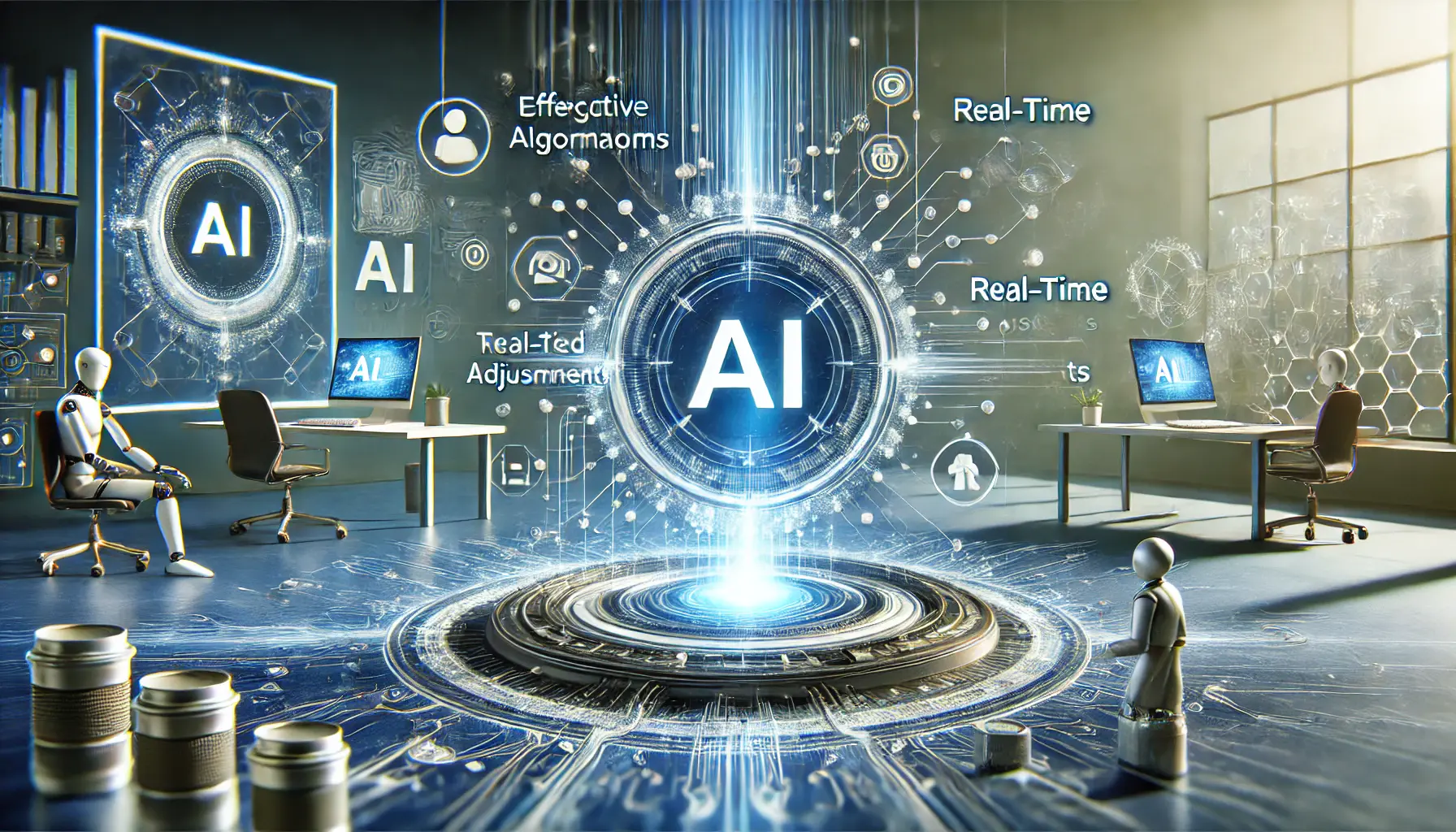 A futuristic digital interface showing AI-driven enhancements for optimized ad strategies, including targeted algorithms and real-time adjustments, symbolizing the effectiveness of AI in LinkedIn ads.