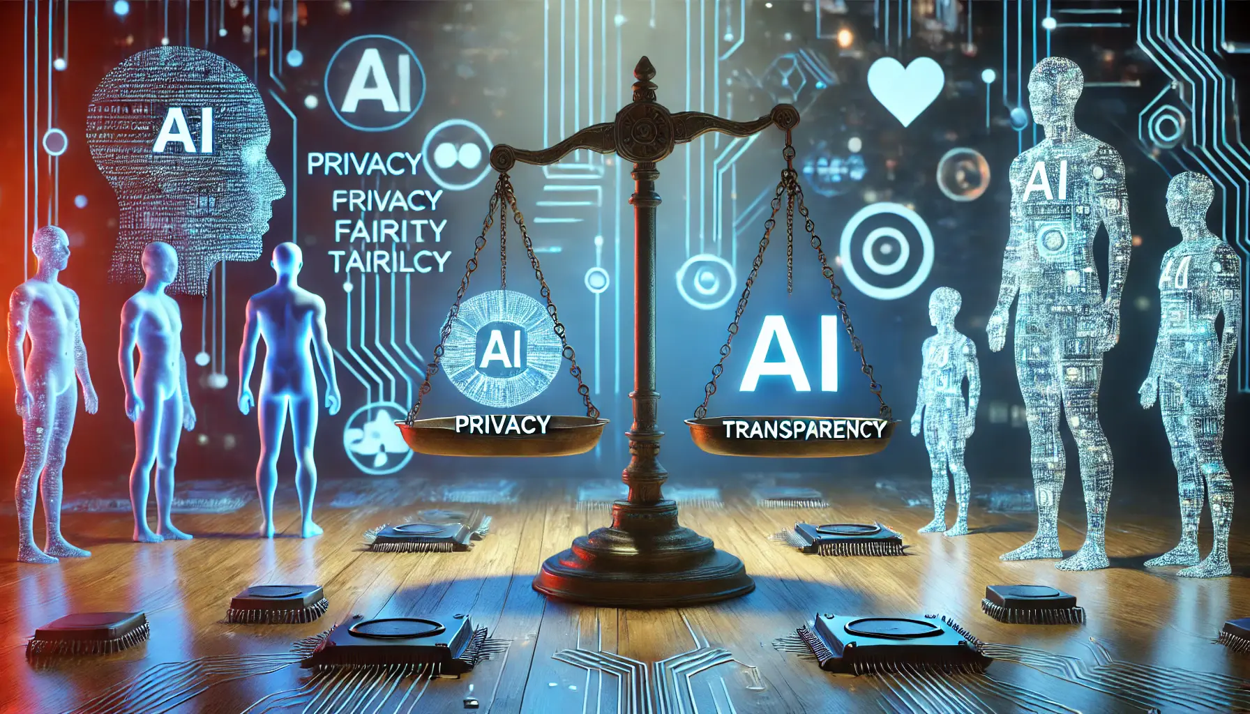 A scene symbolizing the ethical challenges of AI in web design, with a scale weighing AI algorithms against ethical considerations like privacy, fairness, and transparency.