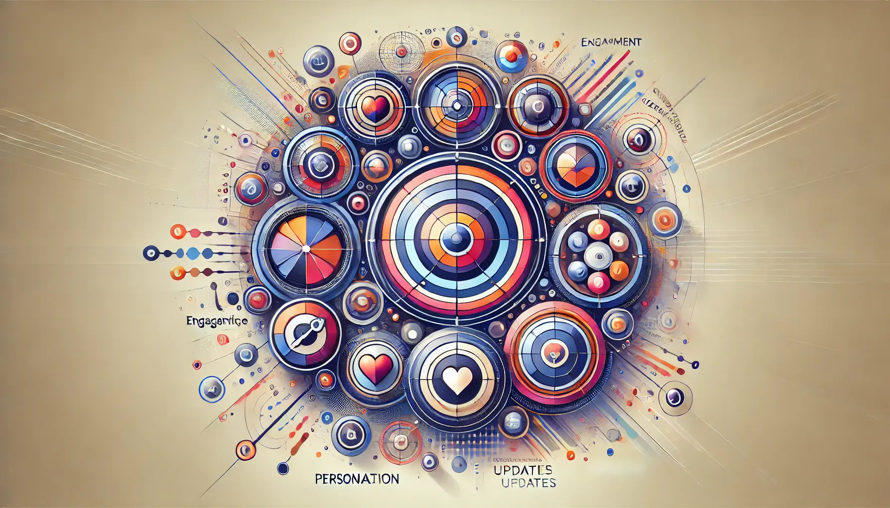 Abstract representation of key components for comprehensive retention strategies, featuring interconnected shapes symbolizing engagement, personalization, updates, and feedback.