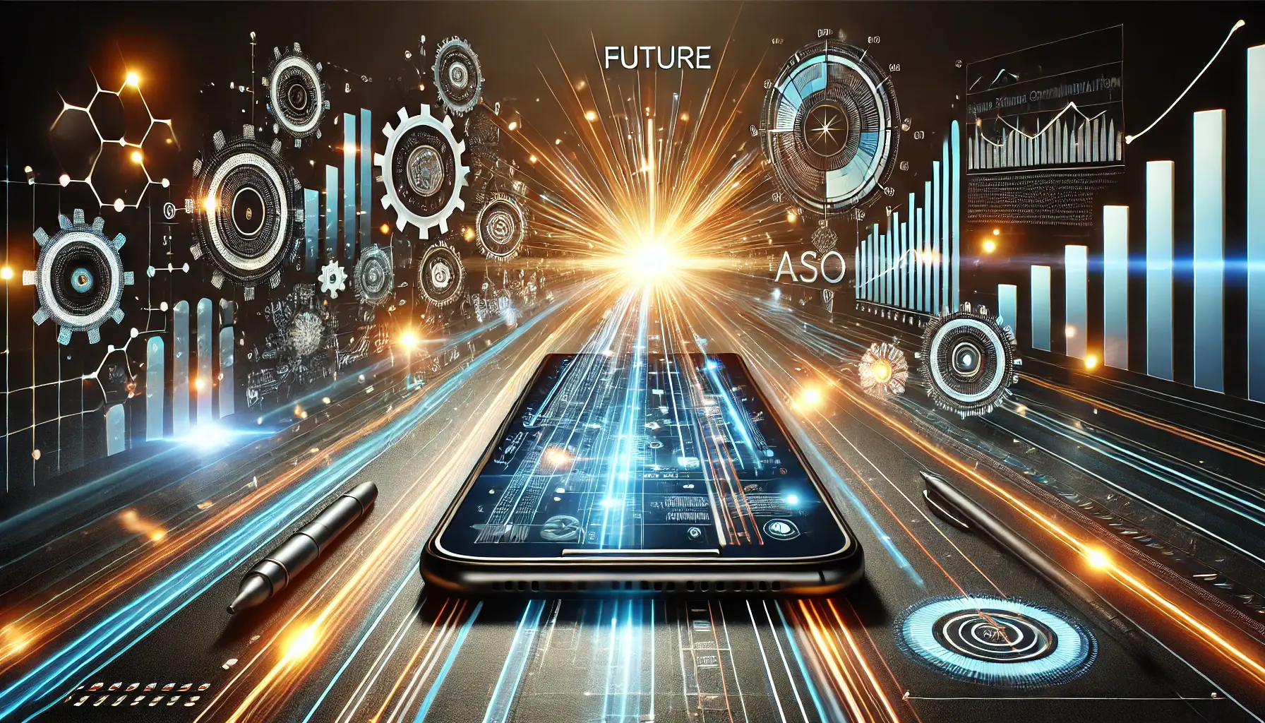 An image of a smartphone with glowing pathways, digital gears, and charts, symbolizing the futuristic evolution of App Store Optimization and app success.