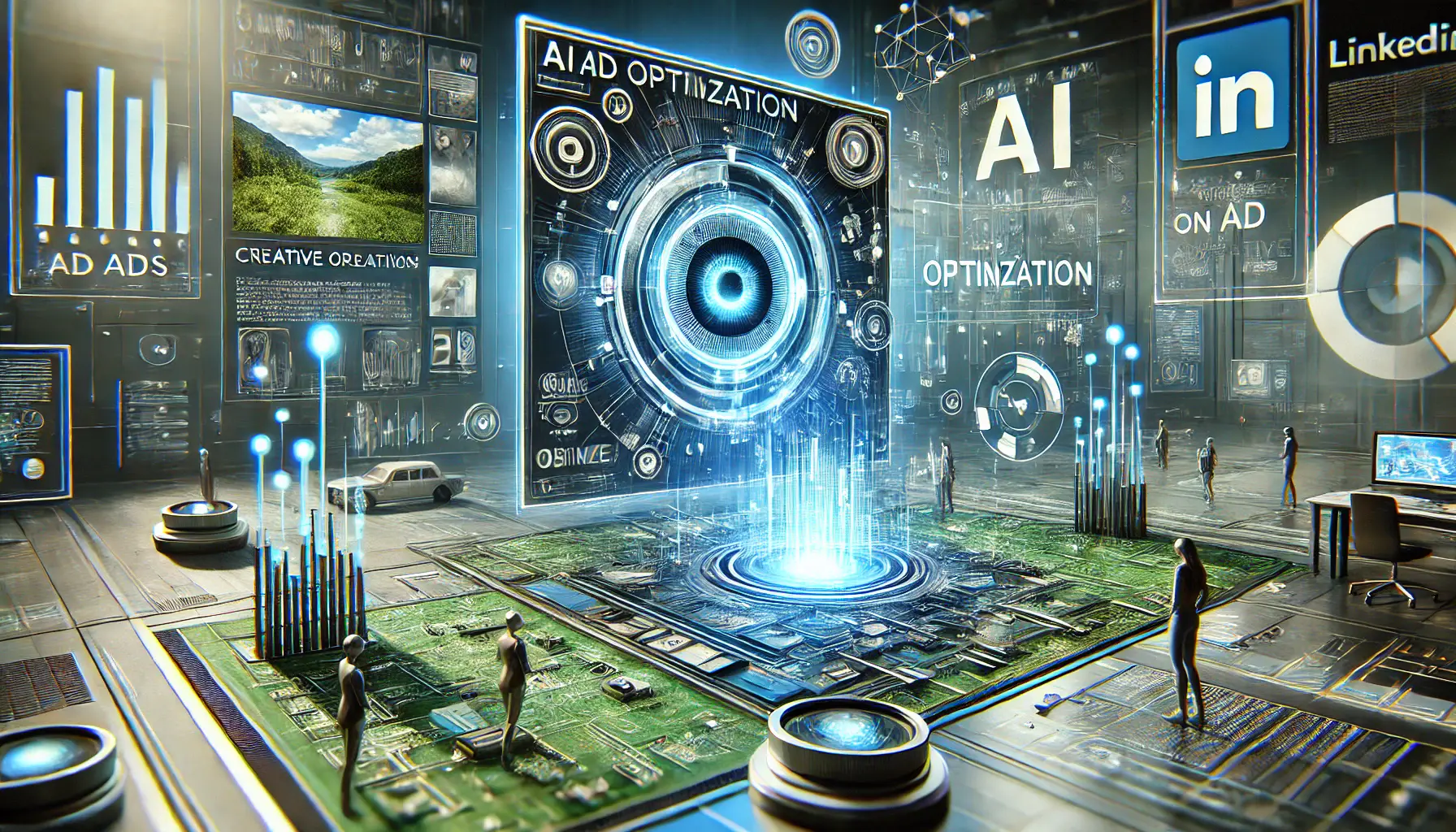 A futuristic digital interface optimizing creative elements like images and videos in real-time with AI, representing the future of LinkedIn ads.