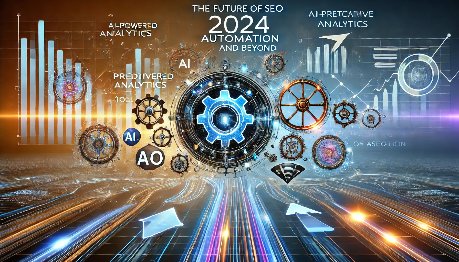 An image showing AI-powered gears, neural networks, and advanced graphs symbolizing the future of SEO automation with predictive analytics and AI-driven tools.