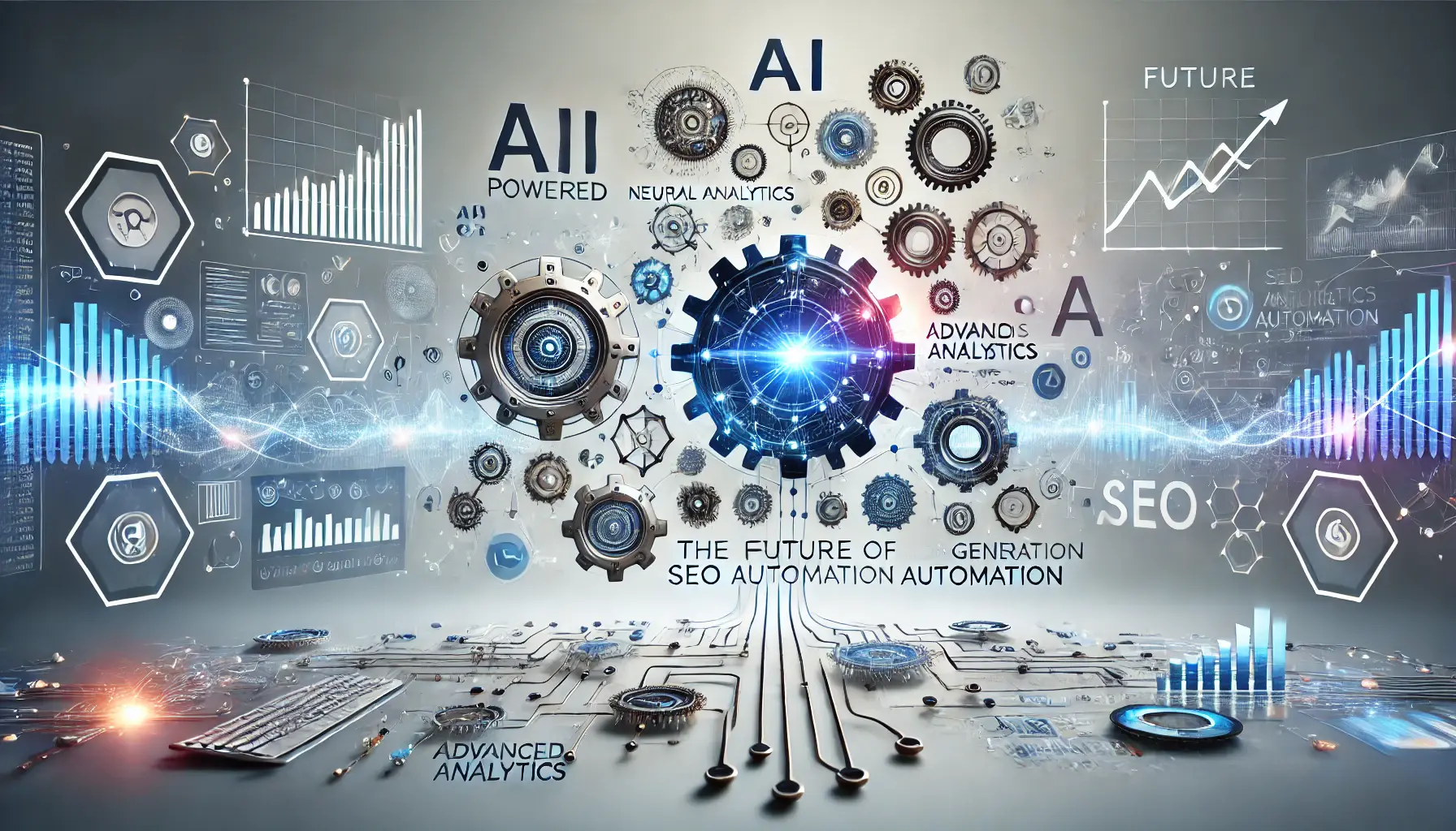 An image showing AI-powered gears, neural networks, advanced graphs, and dashboards, symbolizing the future of SEO automation tools and technologies.