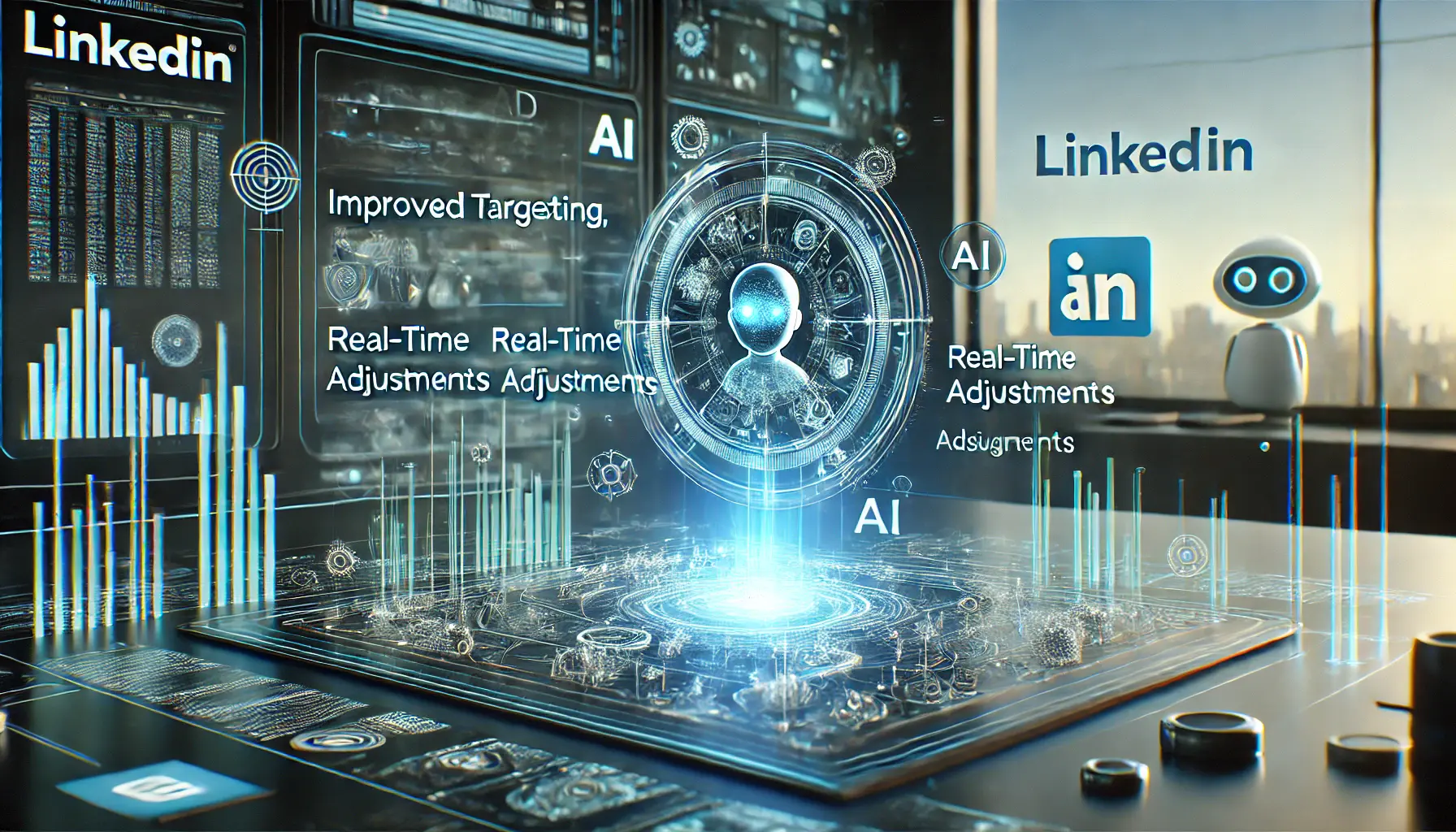 A futuristic digital interface highlighting the benefits of AI optimization, such as improved targeting, real-time adjustments, and data-driven insights, with LinkedIn's network as a backdrop.