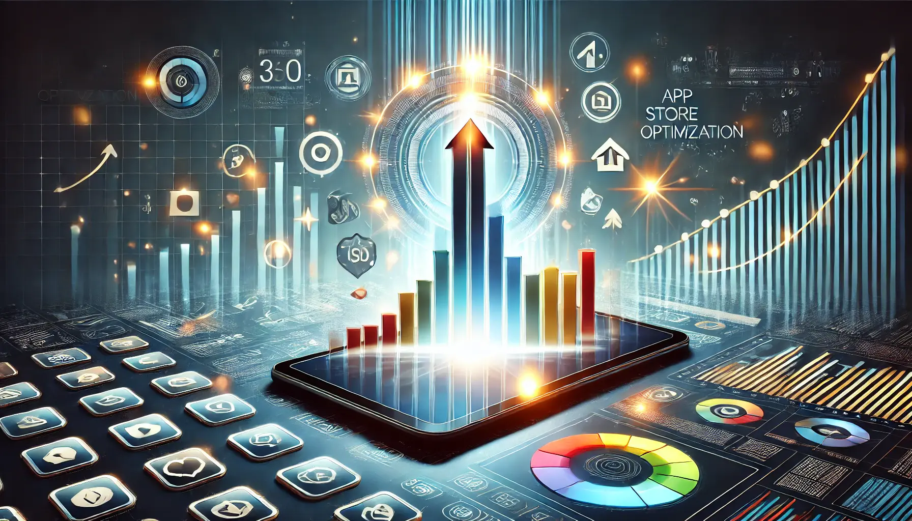 A dynamic image featuring a smartphone surrounded by upward arrows, charts, and glowing app icons, symbolizing growth, visibility, and success through App Store Optimization (ASO).