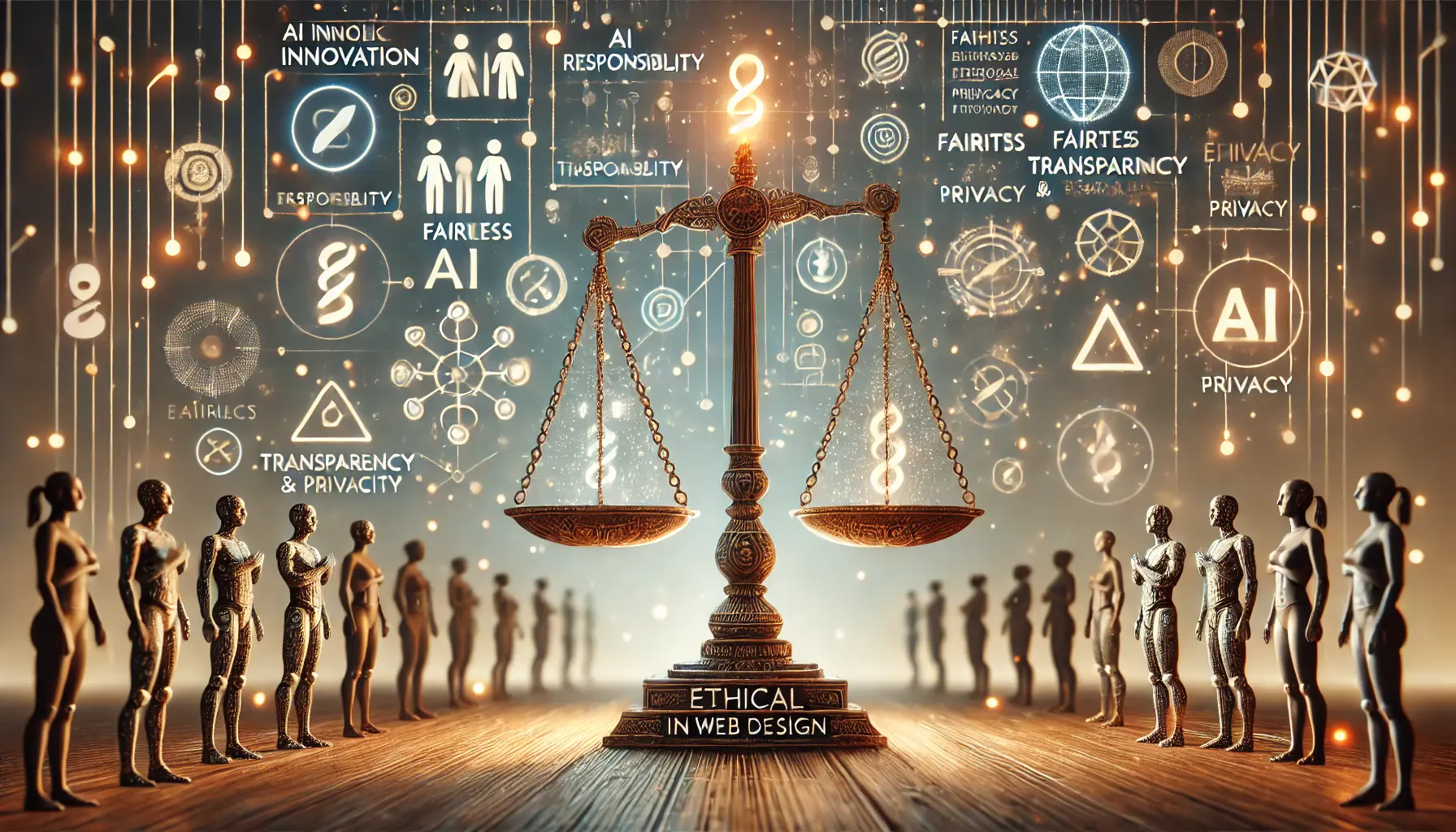 A scene depicting the balance between AI innovation and ethical responsibility, with a glowing scale balancing AI algorithms and symbols of ethical principles like fairness and privacy.