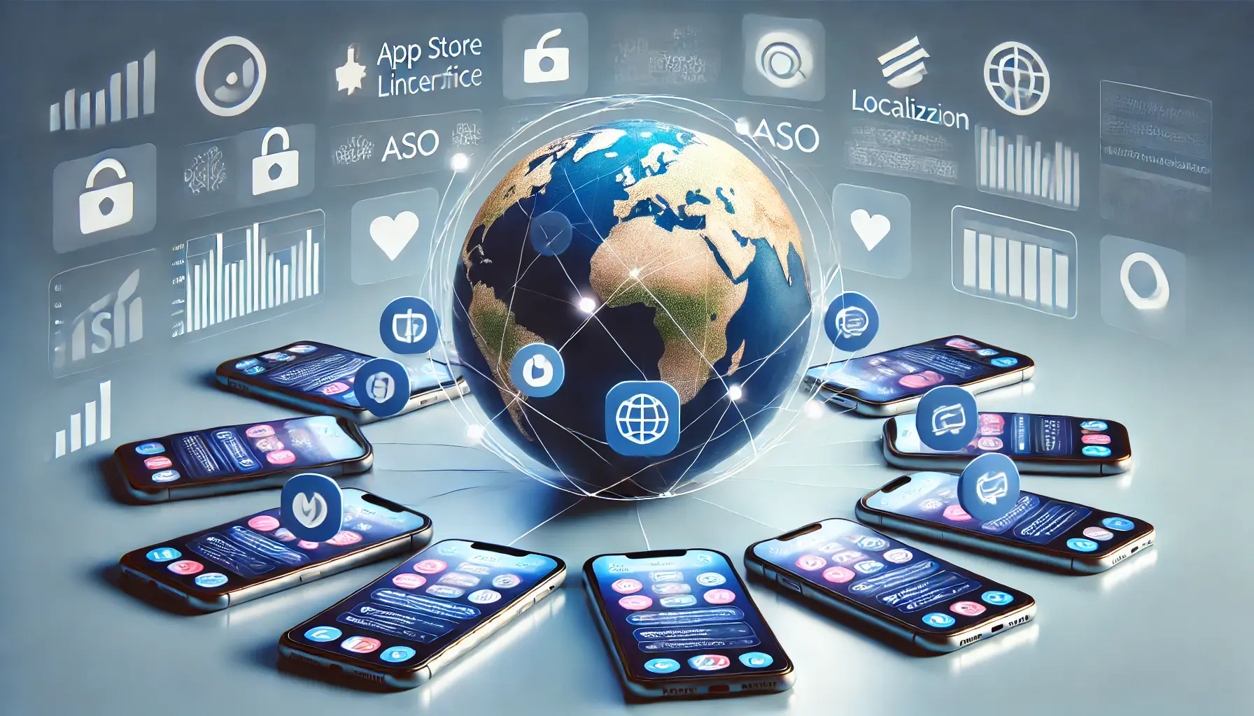 A globe surrounded by mobile phones displaying localized app interfaces for different languages and cultures, with subtle app store icons and charts in the background.