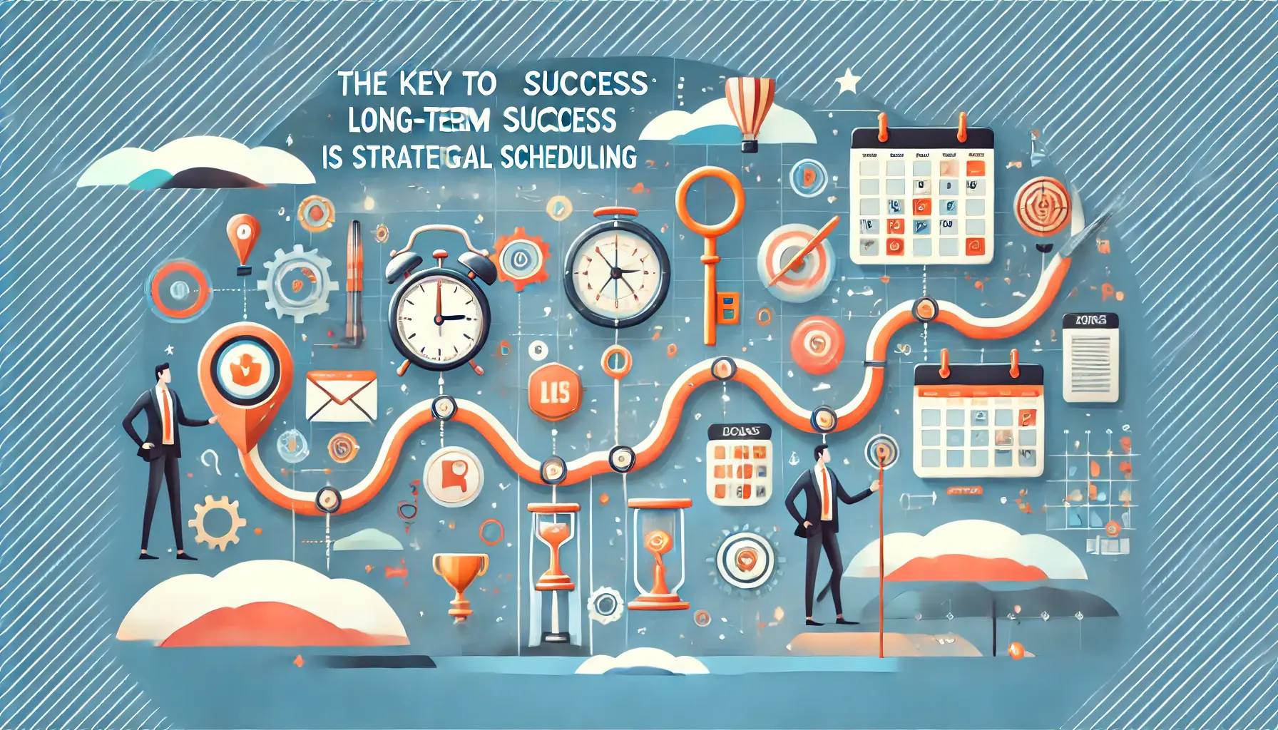 Illustration of strategic scheduling for long-term success with a roadmap, app icons on a timeline, and symbols of success like keys or trophies