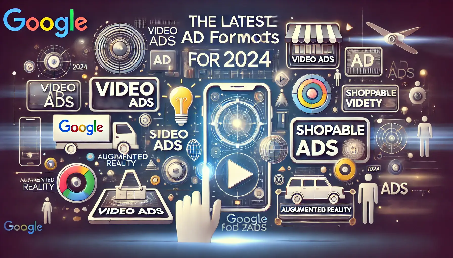 Abstract depiction of the latest Google ad formats for 2024, showing interactive video ads, shoppable ads, and augmented reality in a modern, tech-driven style.