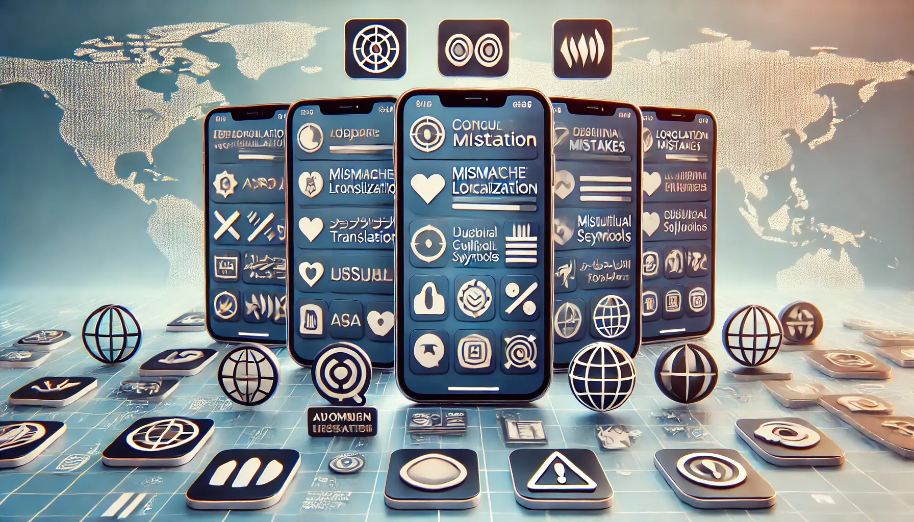 Multiple smartphones showing app interfaces with localization mistakes like improper translations and mismatched cultural symbols, surrounded by warning signs and error symbols.