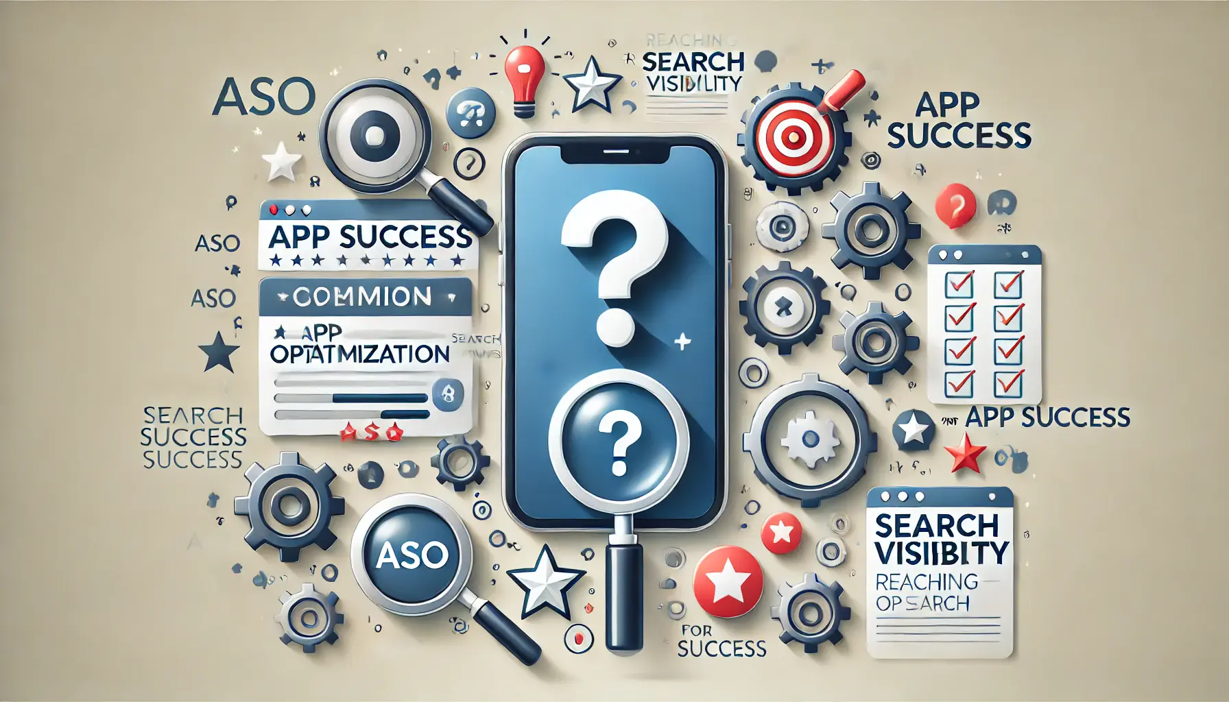 An image of a smartphone surrounded by question marks, gears for optimization, magnifying glasses for search visibility, and stars for app success, symbolizing common questions about ASO.