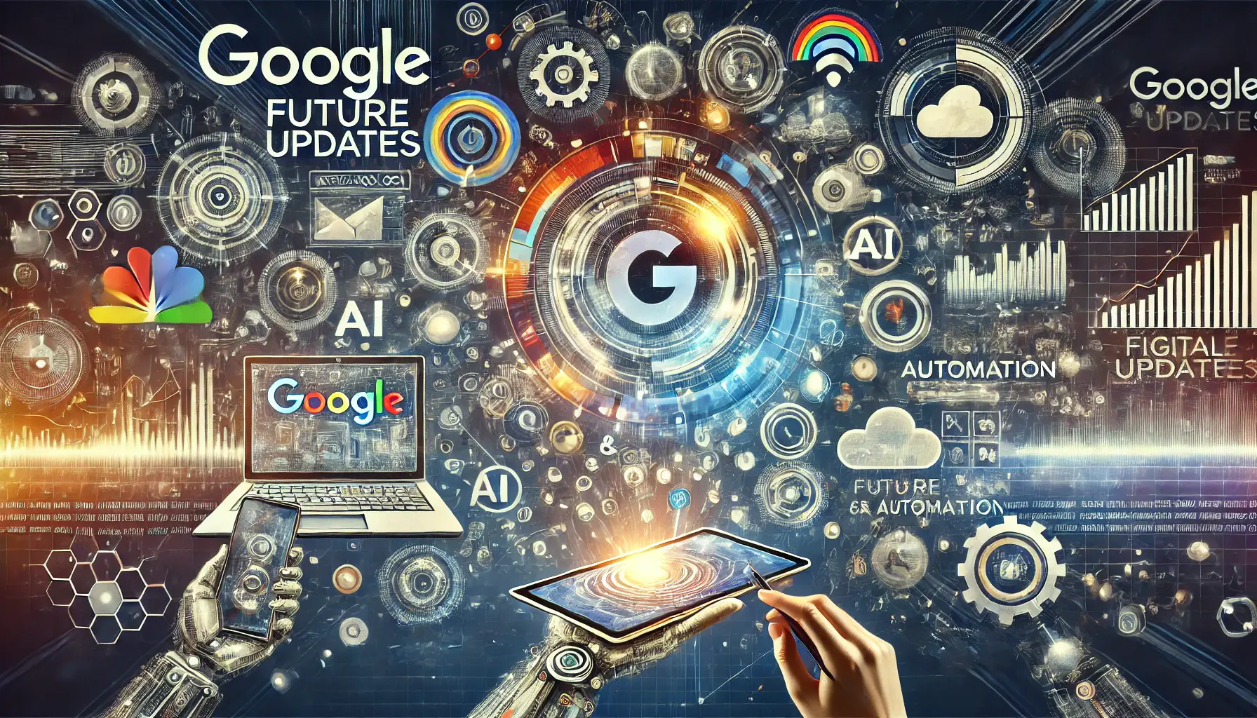 Abstract representation of preparing for future Google updates with AI-driven tools, machine learning, and advanced analytics on digital devices.