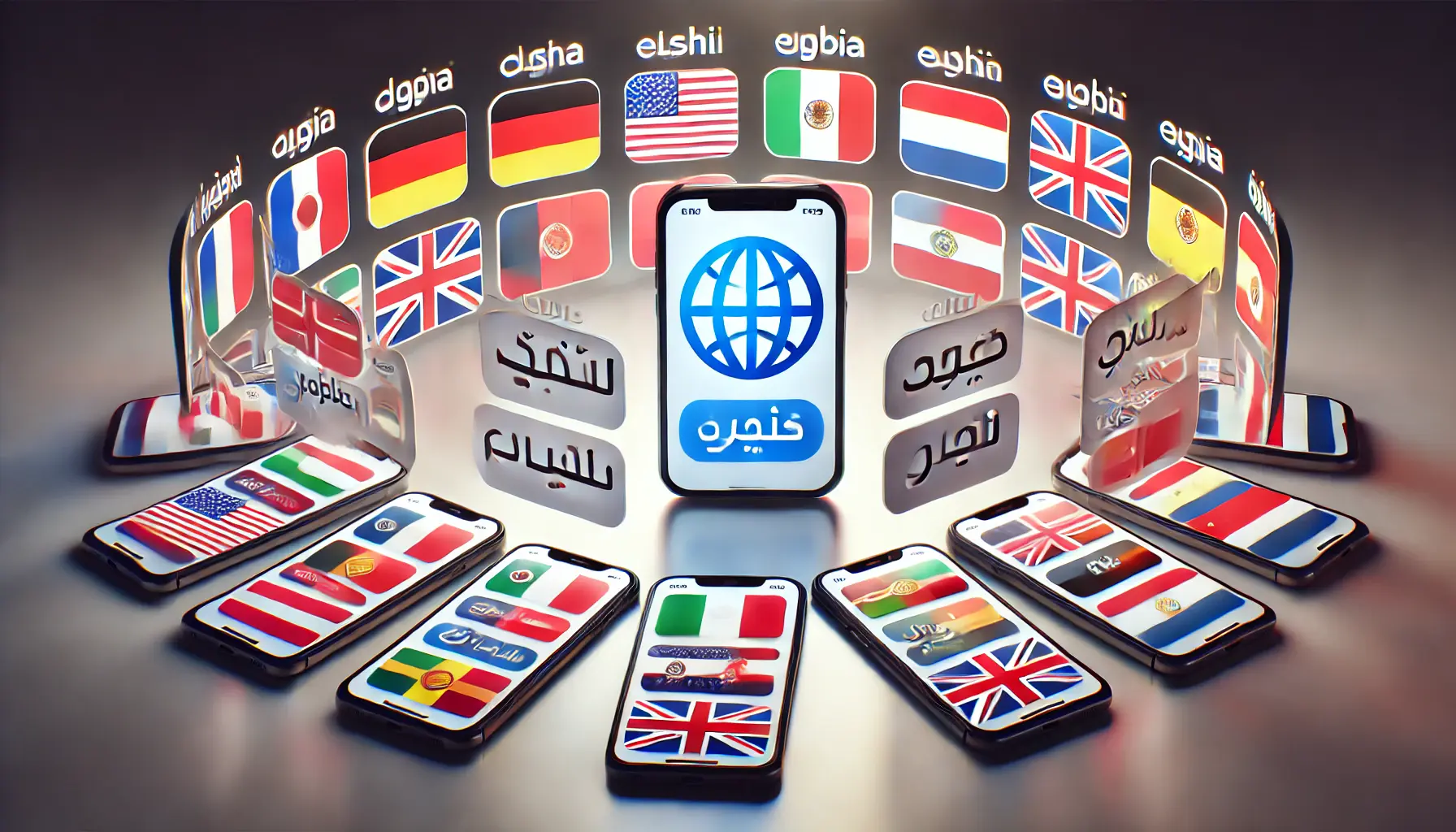 Multiple smartphones displaying an app in different languages with country flags in the background, symbolizing language selection for app localization.