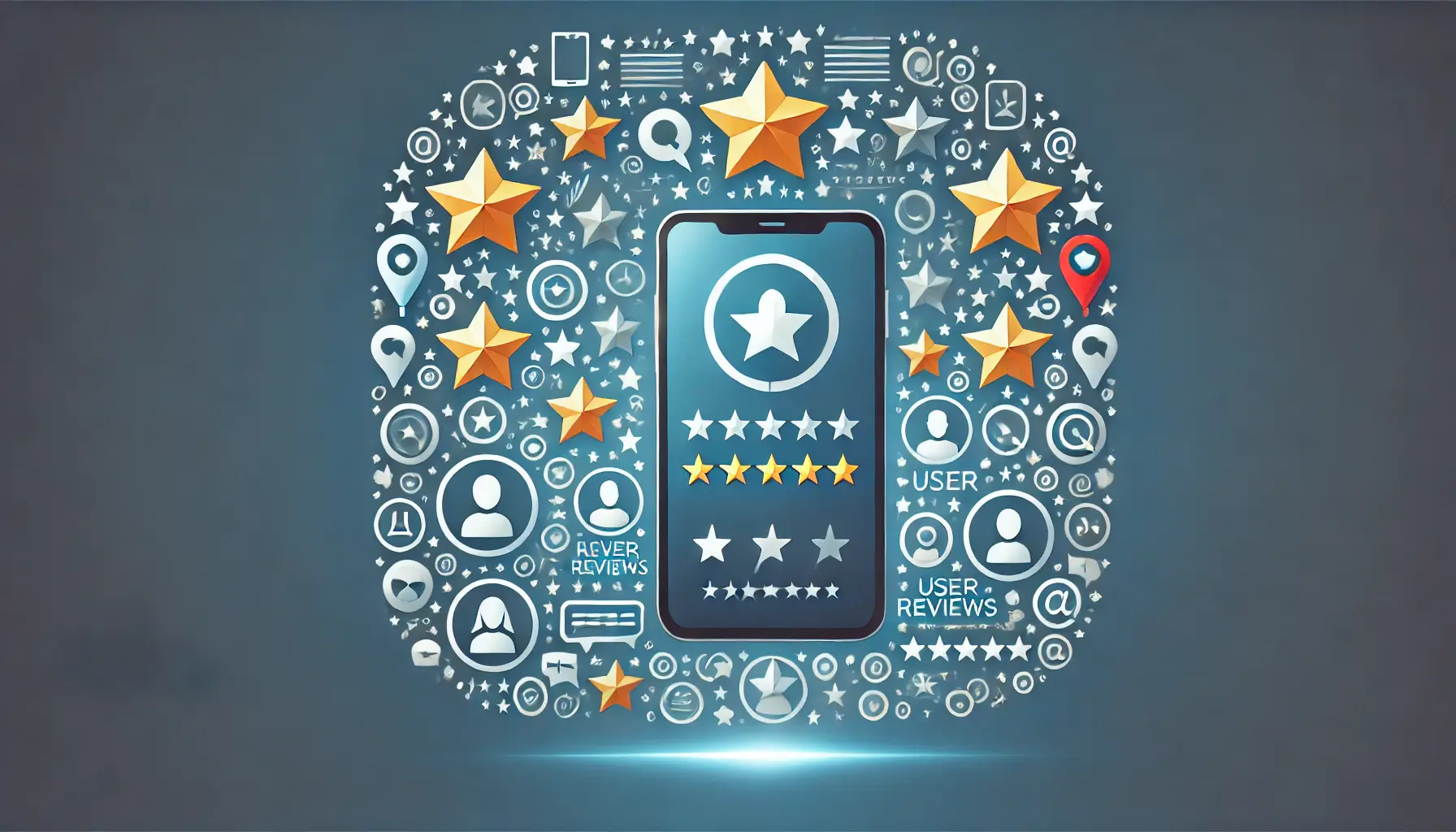 An image of a smartphone surrounded by star ratings, user icons, and feedback bubbles, symbolizing the influence of user reviews and ratings on app success.