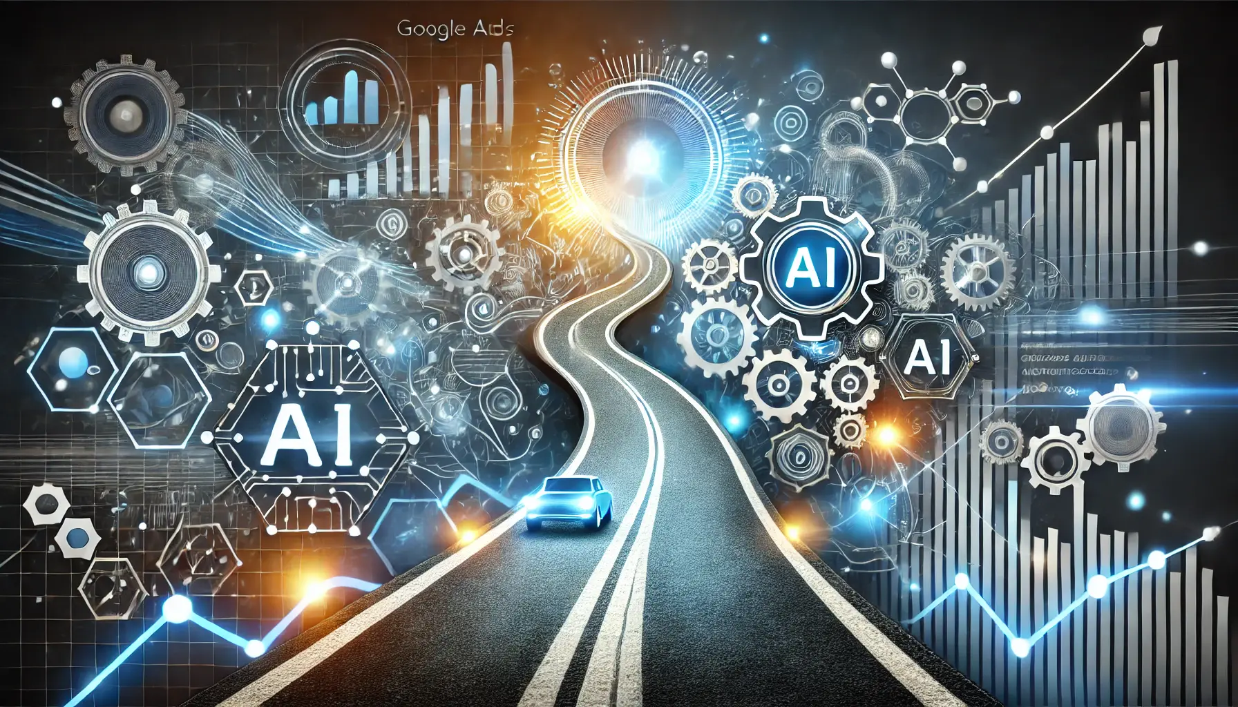 Digital illustration showing a road leading forward, with AI systems, gears, and data streams guiding the way, symbolizing success and progress in Google Ads automation.