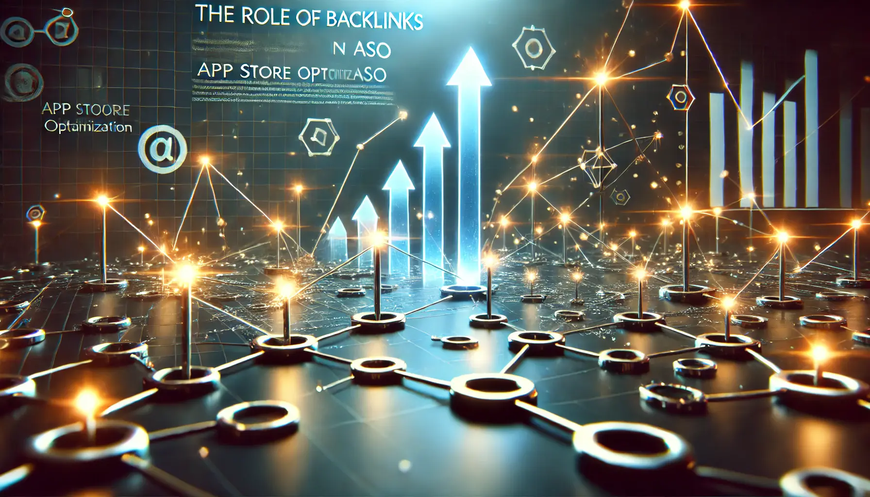 Abstract visualization of interconnected nodes with glowing links and upward arrows, representing the role of backlinks in enhancing app visibility through ASO.