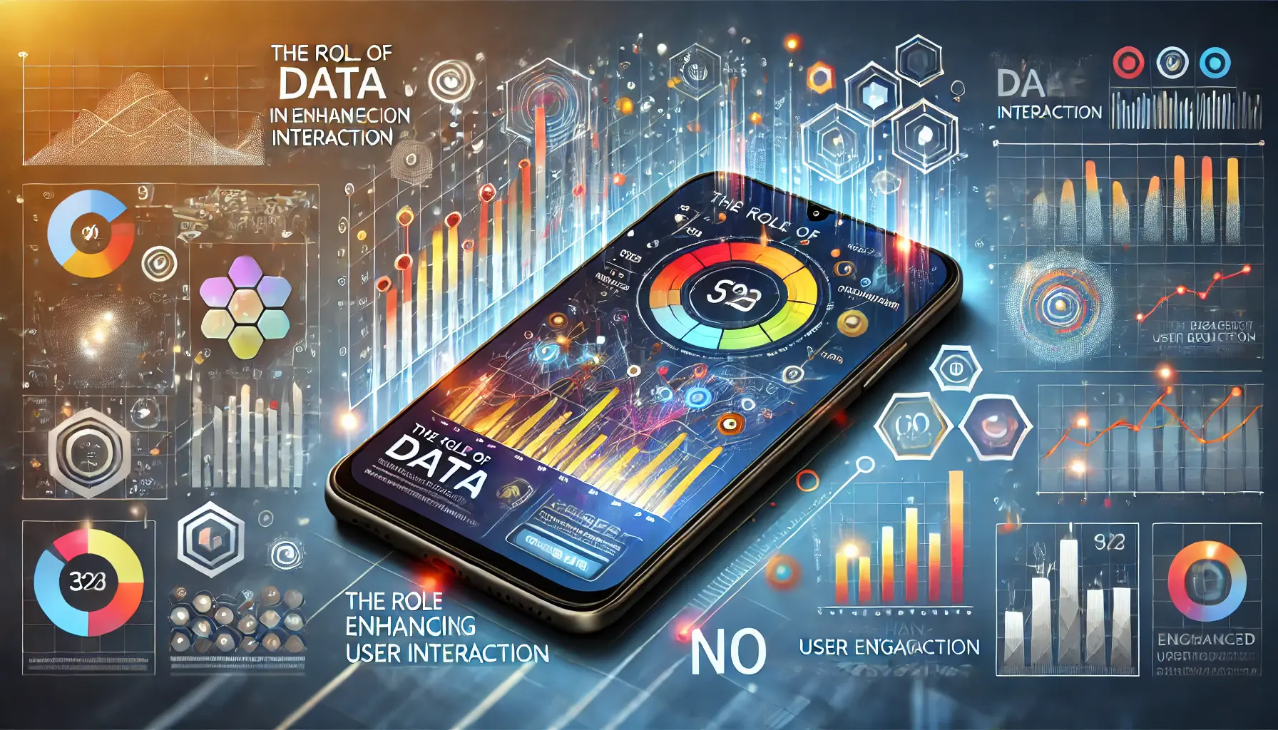 A smartphone displaying data analytics related to user interaction, set against an abstract background symbolizing data-driven insights and optimization.