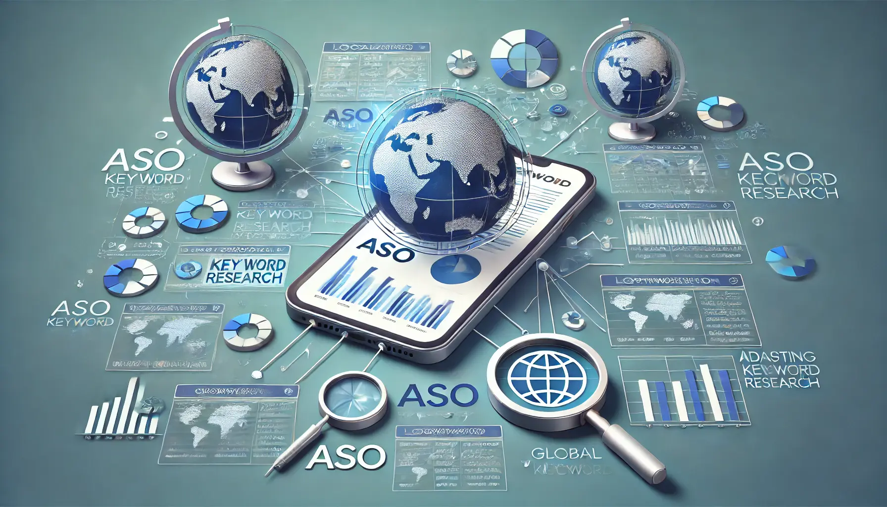 Abstract representation of the role of localization in ASO keyword research, featuring a mobile device with keyword data and globe icons connected by data lines