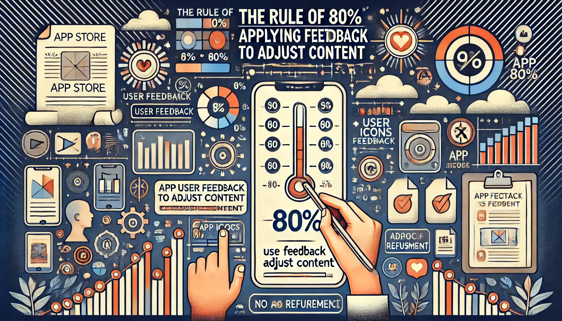 Illustration of using user feedback to adjust app content with a digital interface, progress bar, and optimized app icons