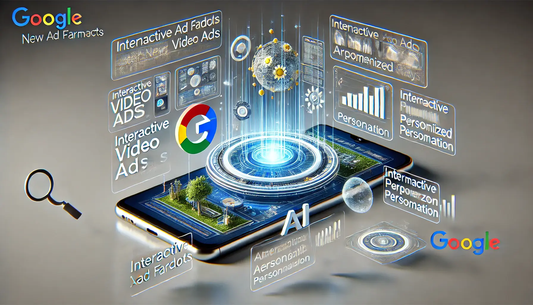 Depiction of the impact of Google's new ad formats, showcasing interactive video ads, augmented reality, and AI-powered personalized content on digital devices.