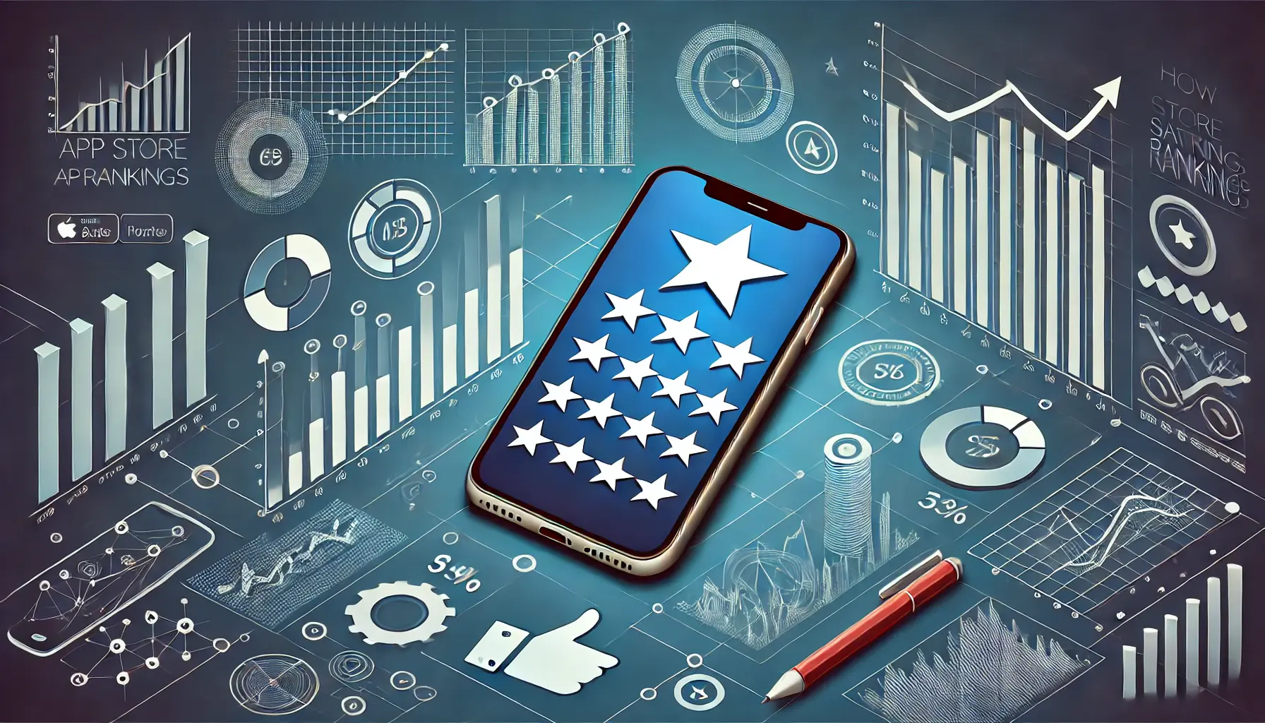 An image of a smartphone displaying star ratings surrounded by graphs, charts, and arrows, symbolizing the impact of ratings on app store rankings.