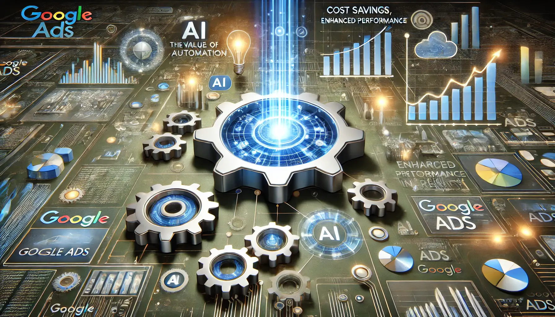 Digital illustration representing the value of automation for advertisers, featuring AI algorithms, digital gears, and glowing data streams optimizing ad campaigns in real-time.