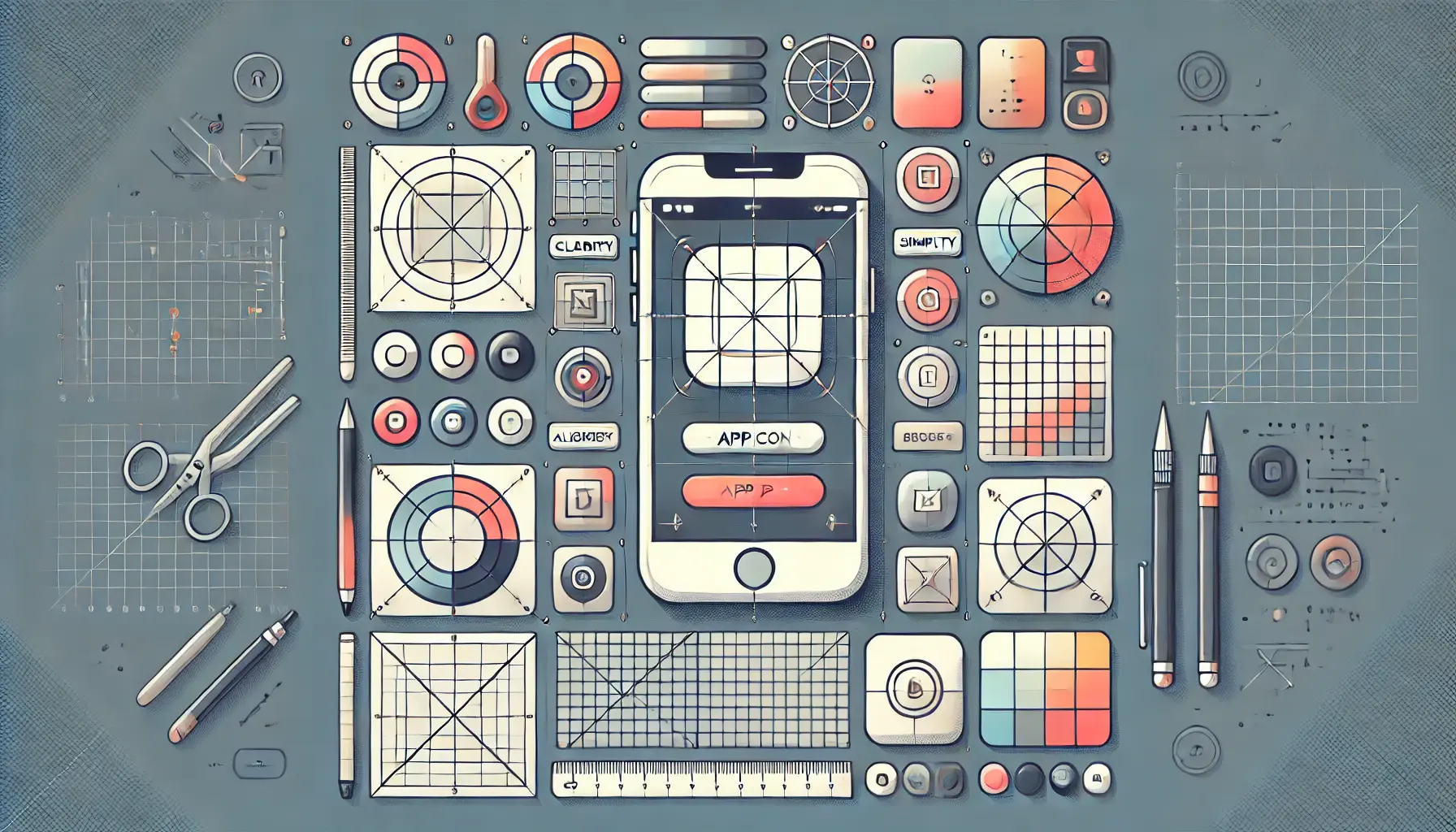 An image of a smartphone displaying a simple and clean app icon surrounded by design elements like grids, alignment lines, and color palettes, symbolizing the principles of efficient app icon design.